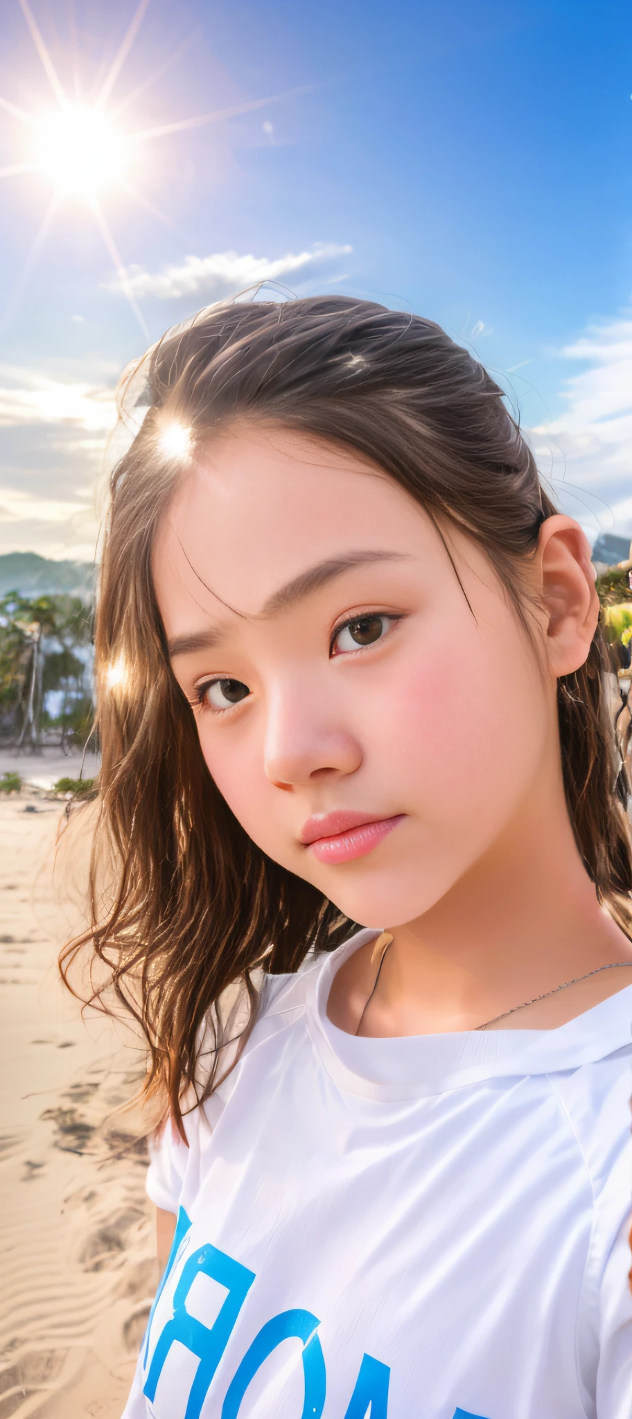 A young girl standing on the beach holding a frisbee, 8k selfie photograph, south east asian with round face, she is about 1 6 years old, xintong chen, Ruan cute vtuber, 19-year-old girl, young cute wan asian face, Cute young girl, Young Asian girl, nivanh chanthara