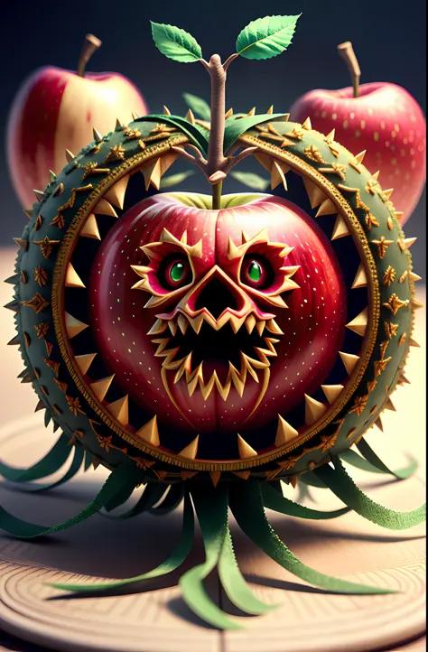 symmetrical fruitynightmare apple, octane render, unreal engine, highly detailed, intricate
