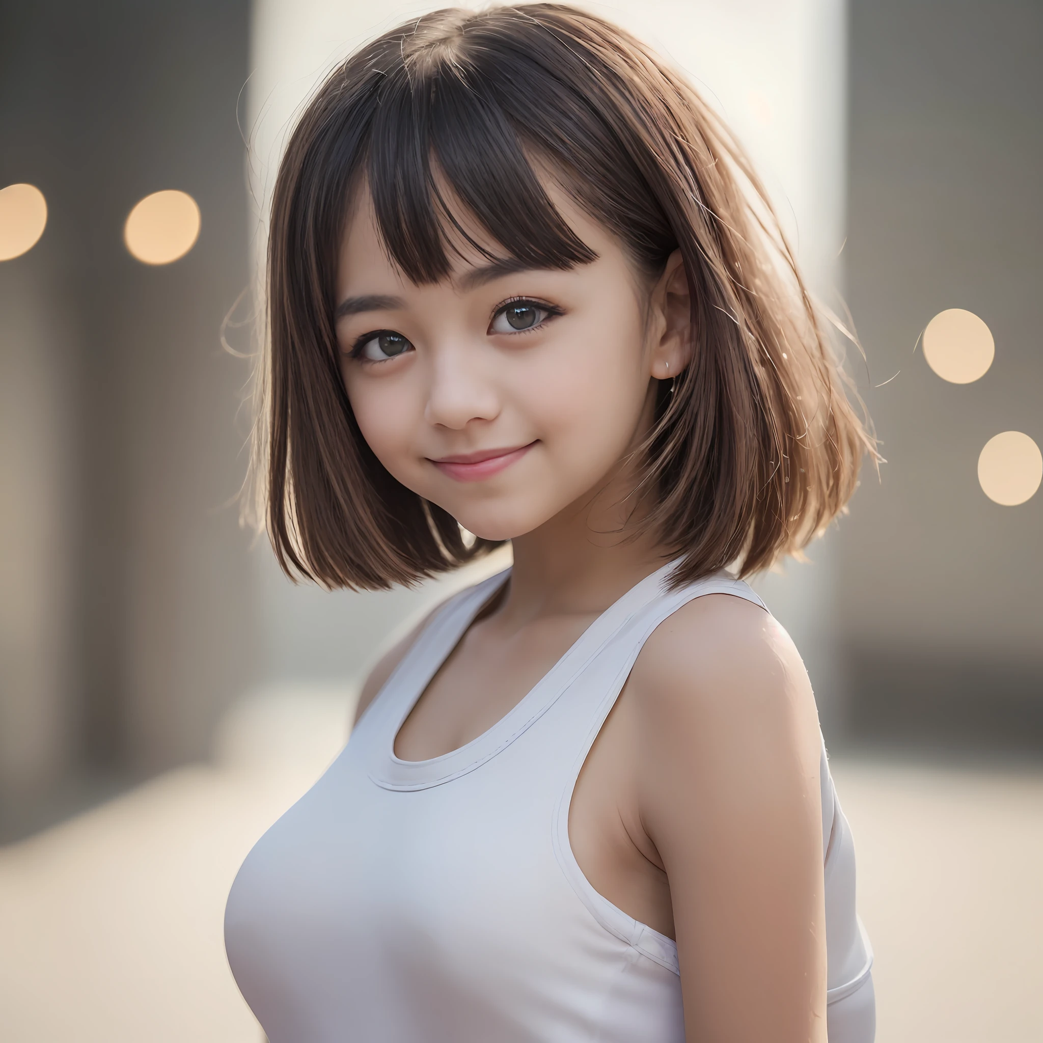 top-quality, Photorealsitic, 8K, hight resolution, 1girl in, femele, (Skindentation), (portlate:0.6), a gorgeous, ((White background, sport tank top, small tits:1.72)), ((Short straight hair, partedbangs:1.7)), Look at viewers, (1 Viewers looking into the eyes of a girl:1.6), Photorealsitic, (bokeh dof), (a smile, a closed mouth:1.3), a gorgeous, pureerosface_v1:1,