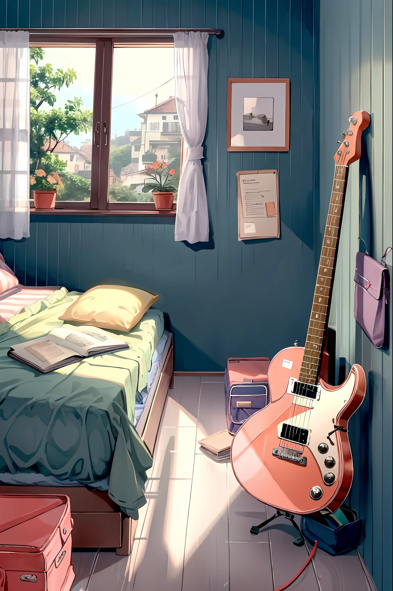 lineart, 
1girl, 独奏, Hair, holding, sitting, Indoors, pouch, backpack, a cup, book, Window, bed, chair, phone, stuffed toy, Flowers in pots, ivy on the wall, Hanging Gardens, plant, Curtains, instrument, a table, watch, electric guitar, bed room, shelf, calendar (object), coral, mint, lilac, Yellow, View from the window,