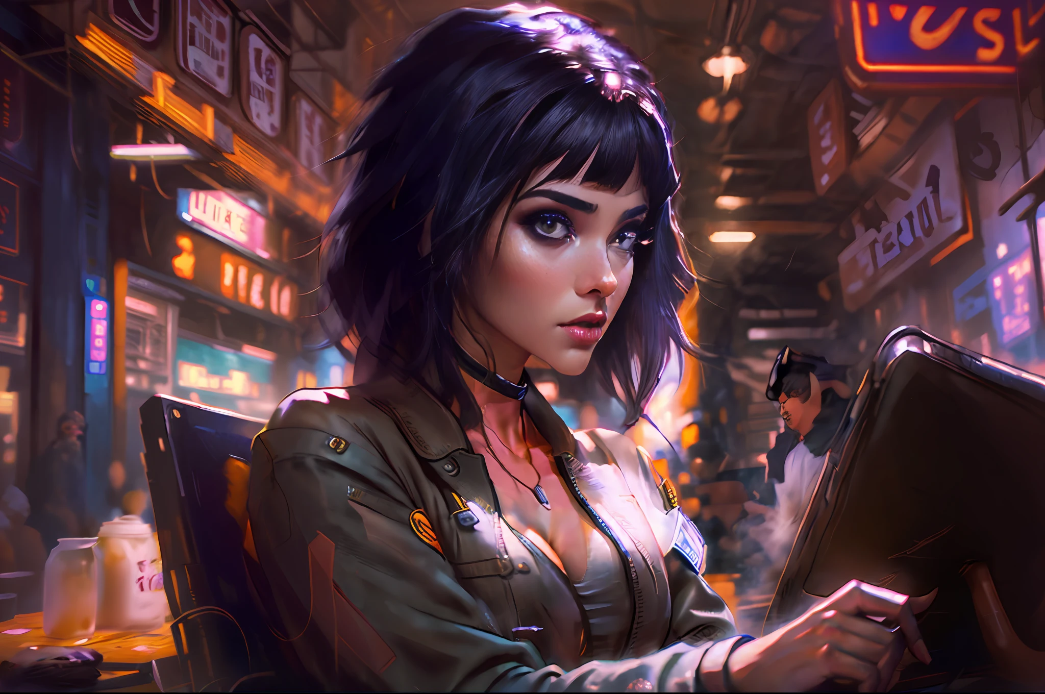 dark mood, Elegant girl brazilian brunette in urban outfit in coffee shop, looking straight at camera, working on laptop, cute fine face, rounded eyes, digital painting, fan art, pixiv, by ilya kuvshinov, katsuhiro otomo ghost-in-the-shell, magali villeneuve, artgerm, jeremy lipkin and michael garmash and rob rey slum background from rocinha