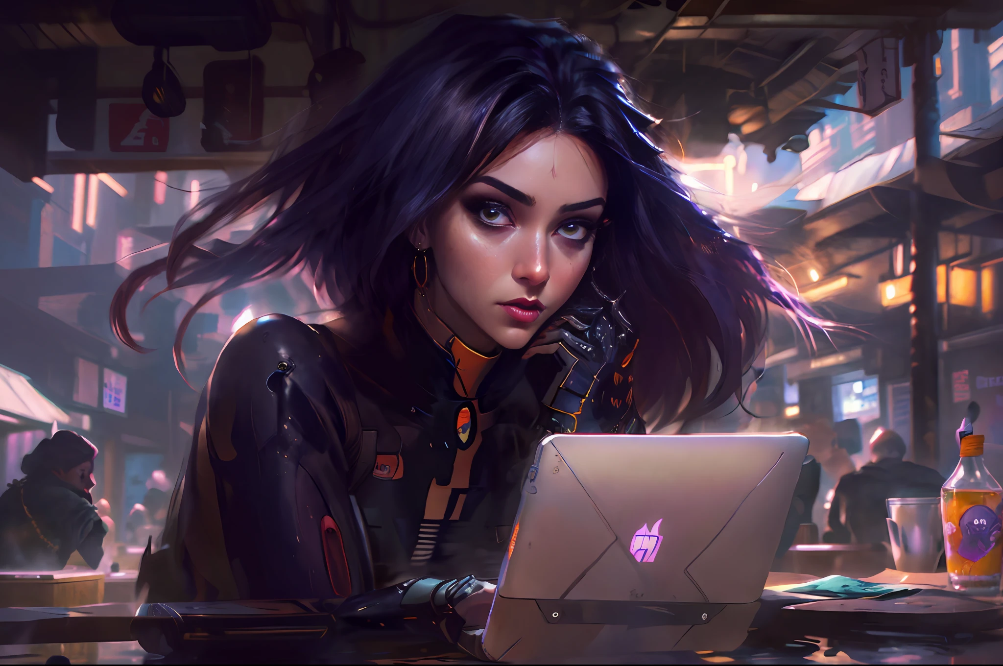 dark mood, Elegant girl brazilian brunette in urban outfit in coffee shop, looking straight at camera, working on laptop, cute fine face, rounded eyes, digital painting, fan art, pixiv, by ilya kuvshinov, katsuhiro otomo ghost-in-the-shell, magali villeneuve, artgerm, jeremy lipkin and michael garmash and rob rey slum background from rocinha