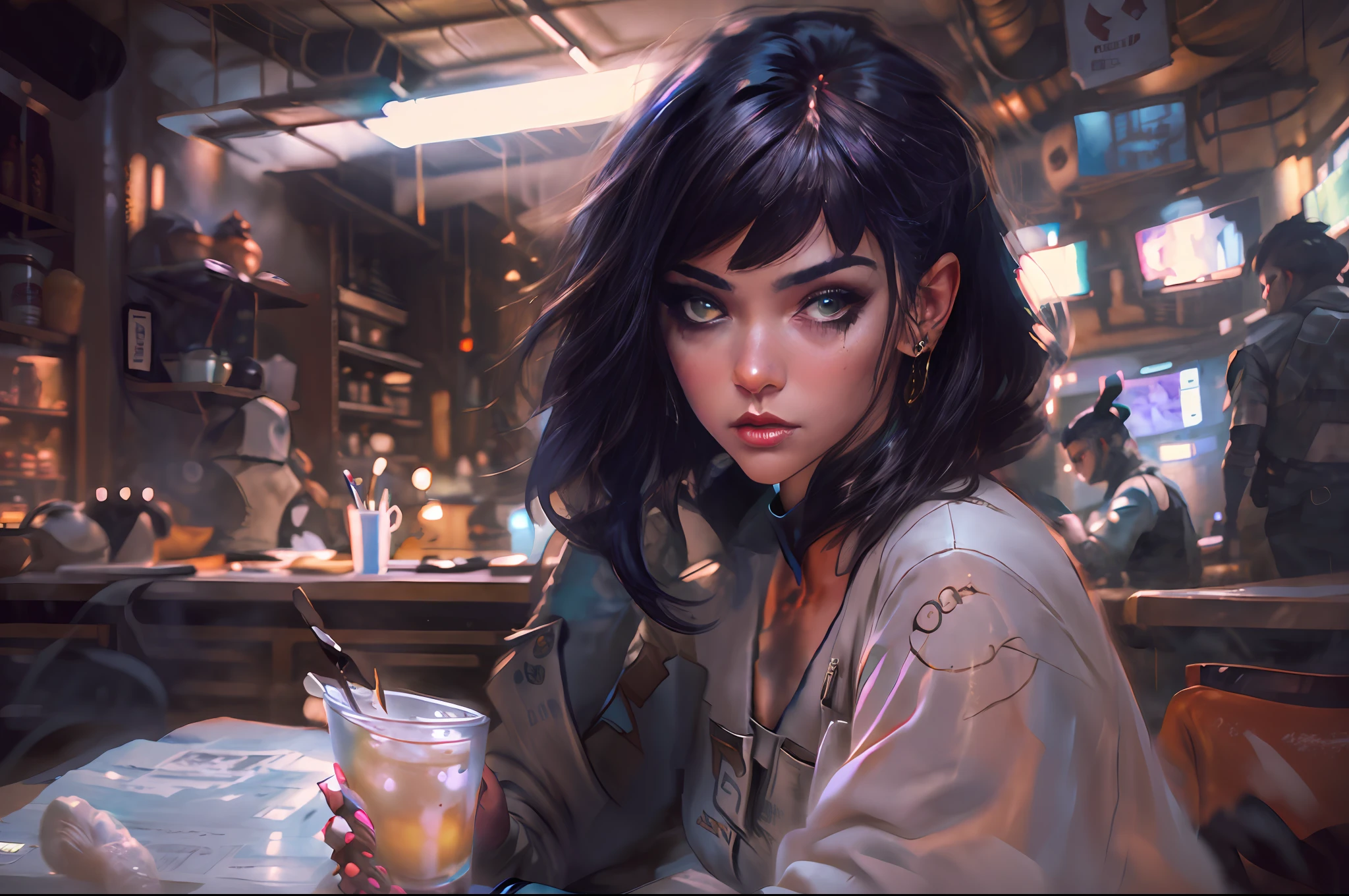 dark mood, Elegant girl brazilian brunette in urban outfit in coffee shop, looking straight at camera, working on laptop, cute fine face, rounded eyes, digital painting, fan art, pixiv, by ilya kuvshinov, katsuhiro otomo ghost-in-the-shell, magali villeneuve, artgerm, jeremy lipkin and michael garmash and rob rey slum background from rocinha