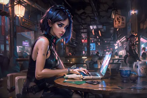 dark mood, elegant girl brazilian brunette in urban outfit in coffee shop, looking straight at camera, working on laptop, cute f...