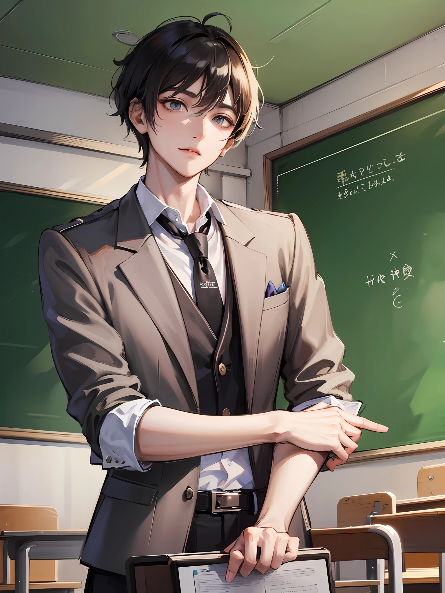 Anime character in a suit standing in front of a blackboard - SeaArt AI