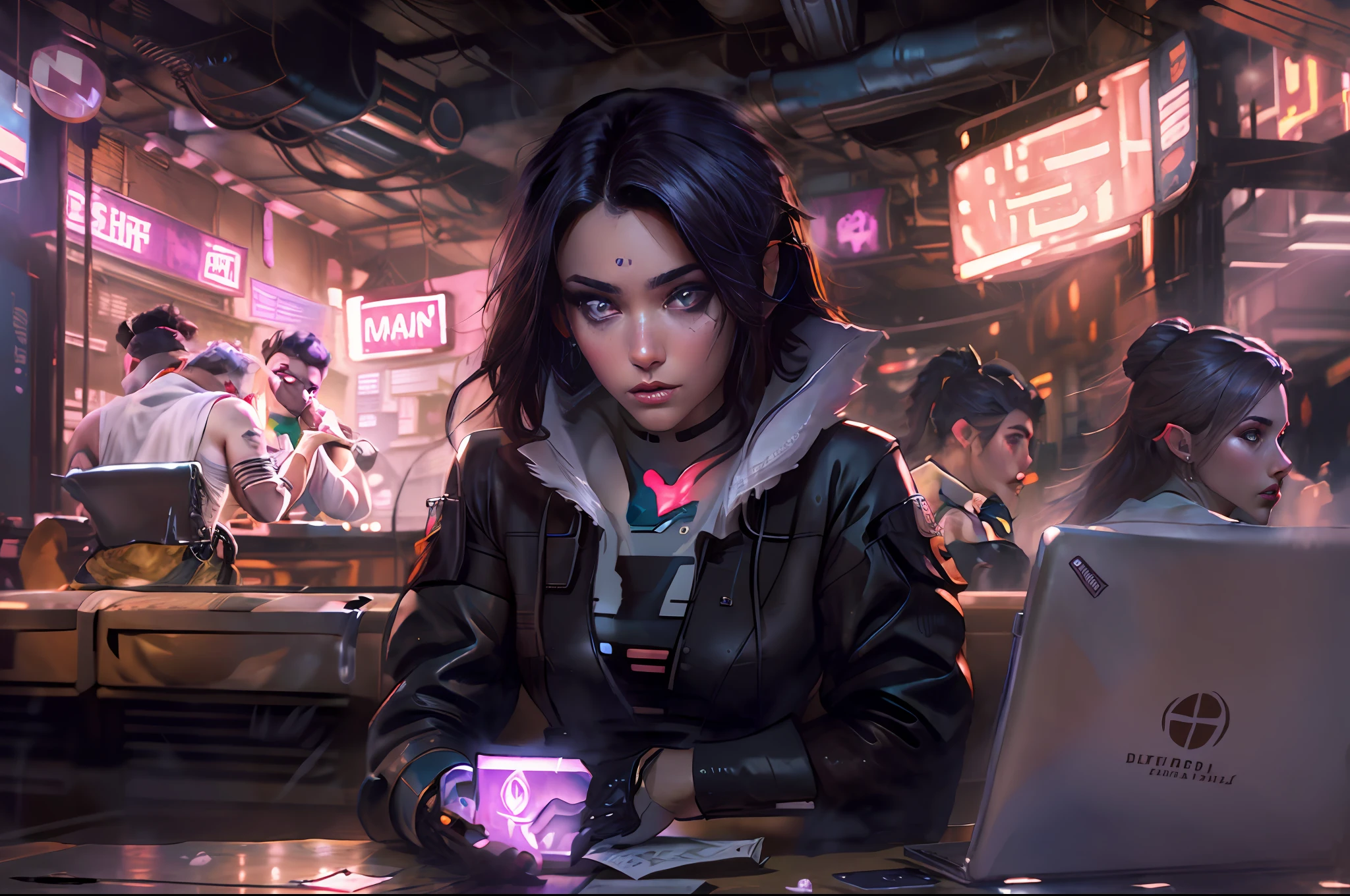 dark mood, Elegant girl brazilian brunette in urban outfit in coffee shop, looking straight at camera, working on laptop, cute fine face, rounded eyes, digital painting, fan art, pixiv, by ilya kuvshinov, katsuhiro otomo ghost-in-the-shell, magali villeneuve, artgerm, jeremy lipkin and michael garmash and rob rey slum background from rocinha