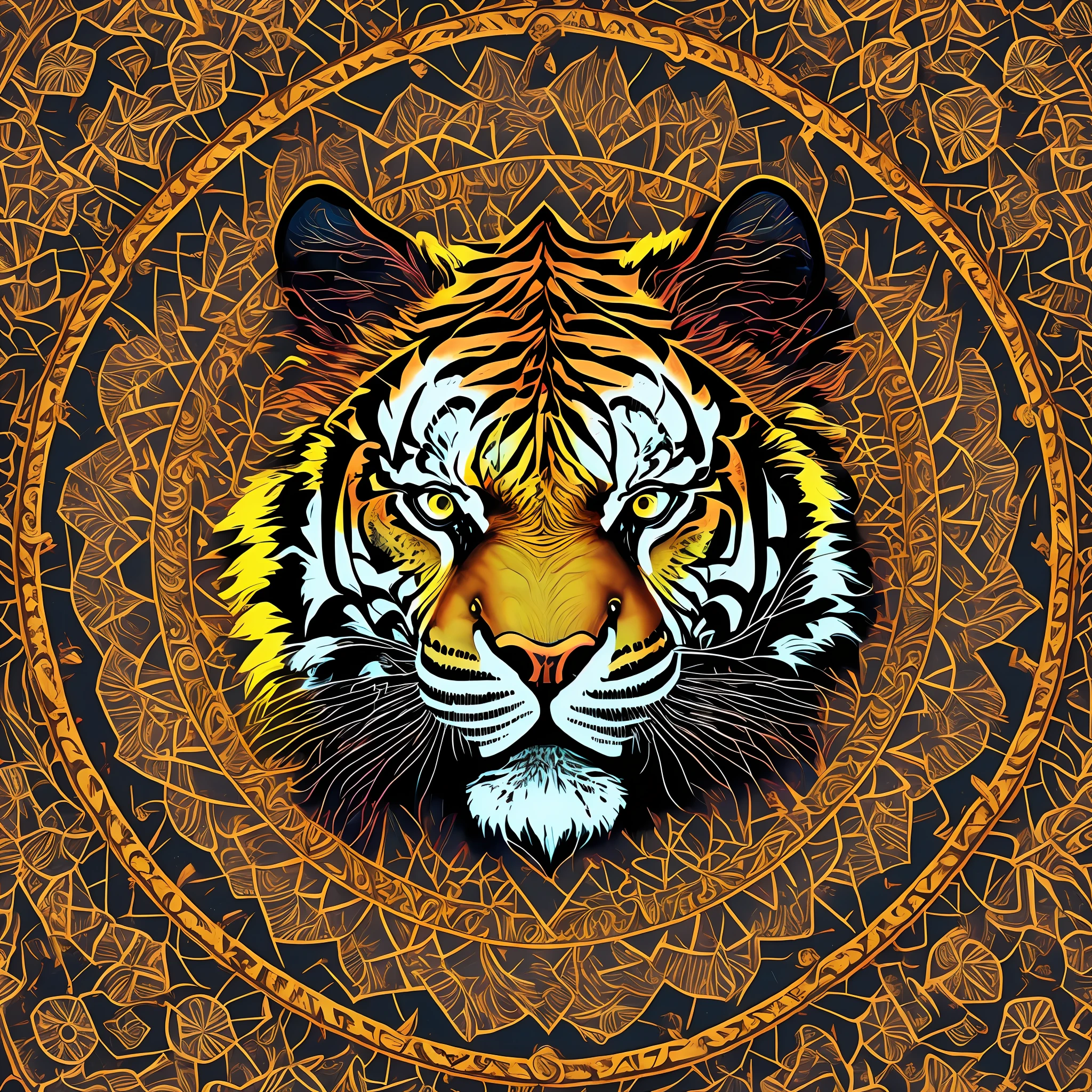 La cabeza de tigre del mandala está en el centro.，neón colorido， Mandala body， Mandala face，Fondo blanco en los cuatro lados.