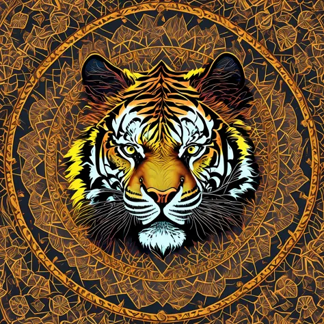 The tiger head of the mandala is in the center，neon colorful， Mandala body， Mandala face，White background on four sides