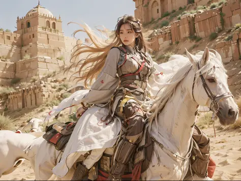 1girll，Riding a tall white horse， He wears a fan on his head，cloaks， Wielding an ancient Chinese sword，A desert， Desert, Ancient...