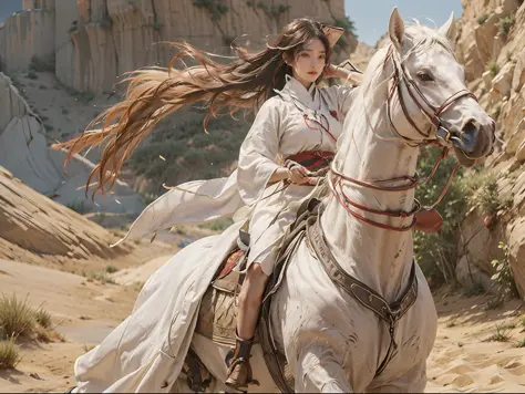 1girll，Riding a tall white horse， He wears a fan on his head，cloaks， Wielding an ancient Chinese sword，A desert， Desert, Ancient...