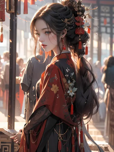 8K，best qualtiy，tmasterpiece，A close-up of a woman，Warlock，Stand up，Full body photo，Frontal photo，Elaborate Eyes，Danfeng Eyes，cabelos preto e longos，Ancient Chinese hairstyle，Complex hairstyles，Hairpins，Zhu Zhao，red headgear，Hazy，red color Hanfu，Alchemist ...