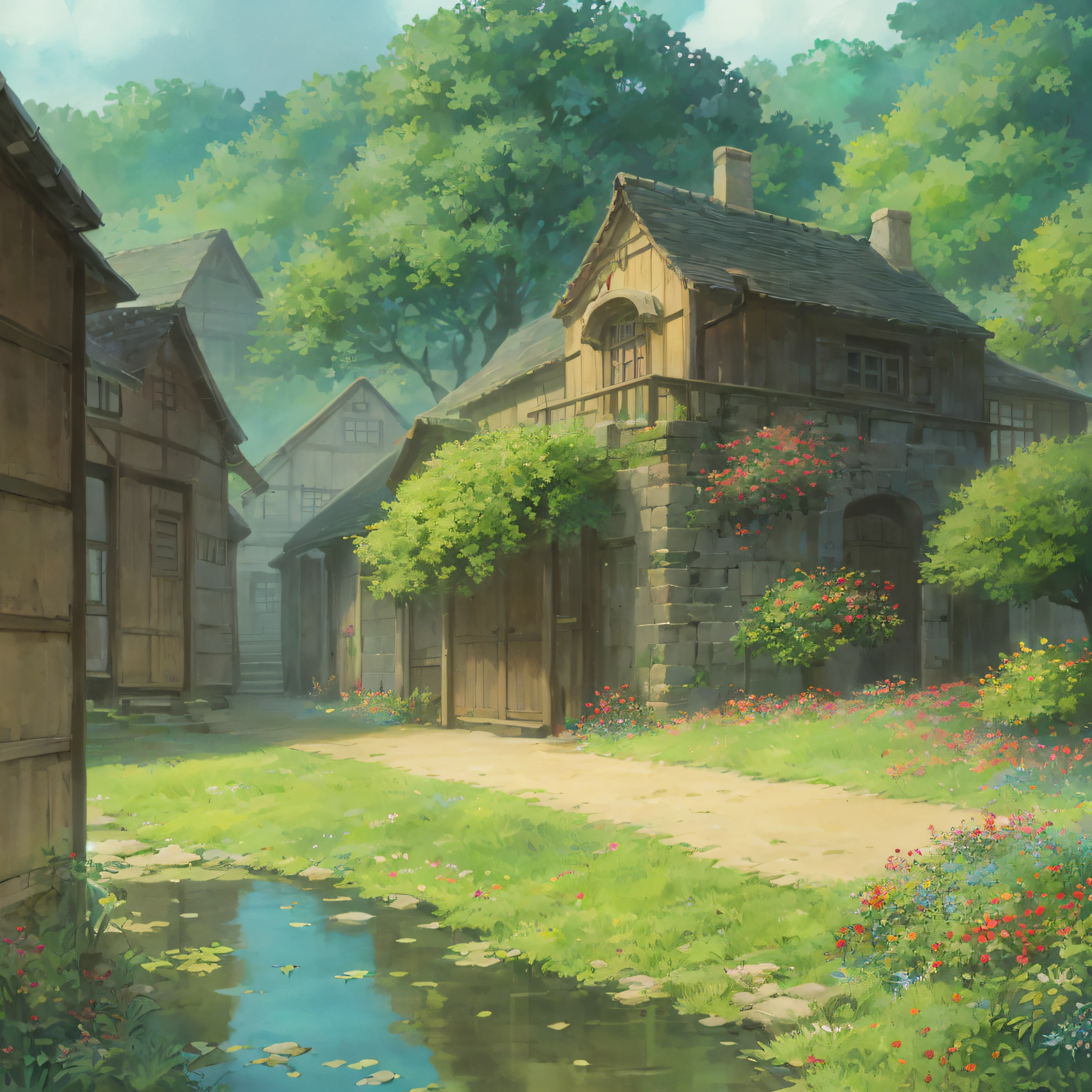 animesque、landscapes、Studio Ghibli、Ghibli、Scenery、Style、Art styles、Stone structure、Overhead view