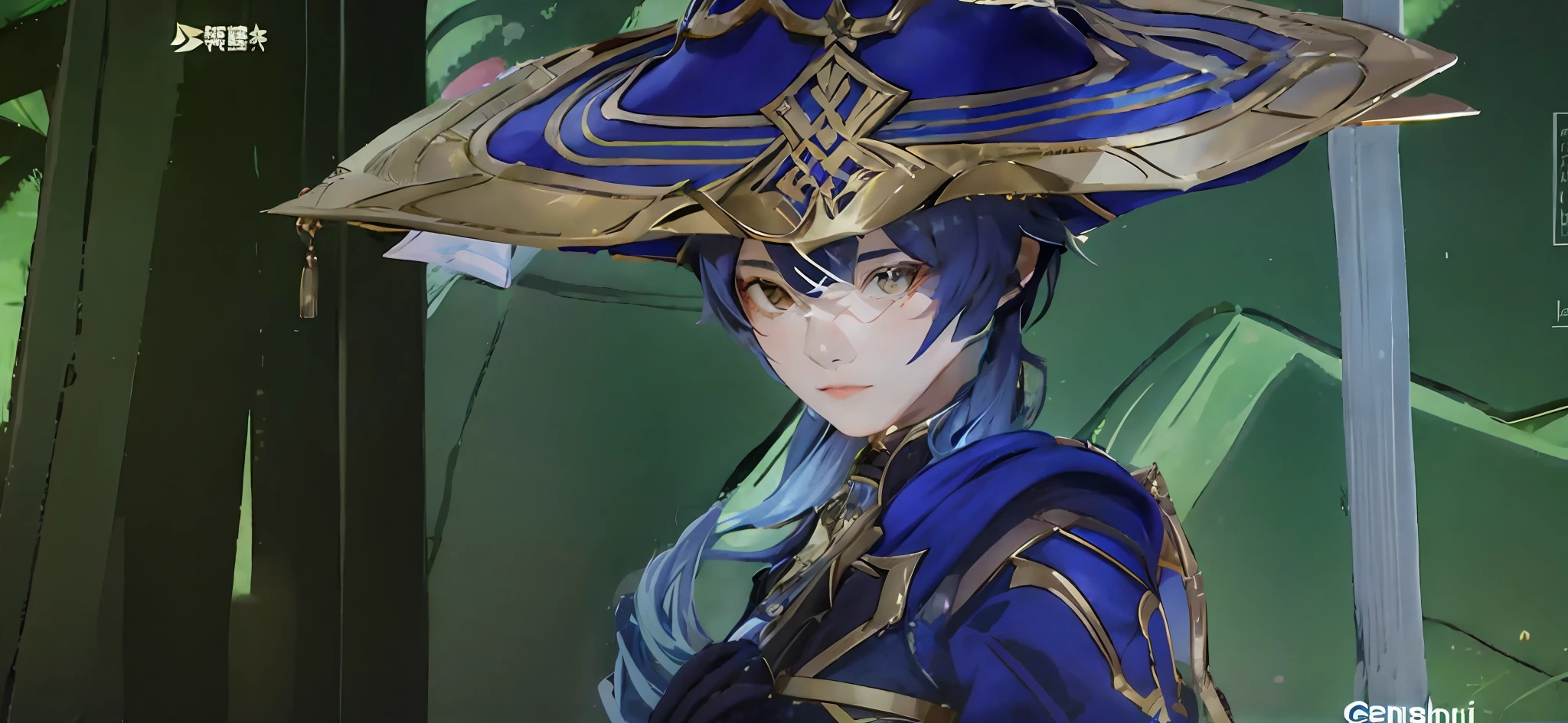 A hat on his head，Anime character with a sword in his hand, shirow masamune, masamune, heise jinyao, Keqing from Genshin Impact, shirow masamune, zhongli from genshin impact, Genshin impact's character, Genshin, Genshin Impact style, Genshin Impact, Avatar image, onmyoji portrait