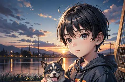 tmasterpiece，Miyazaki's painting style，A 10 year old boy，Short black hair，Wearing a blue sweatshirt，Holding a puppy，the sunset
