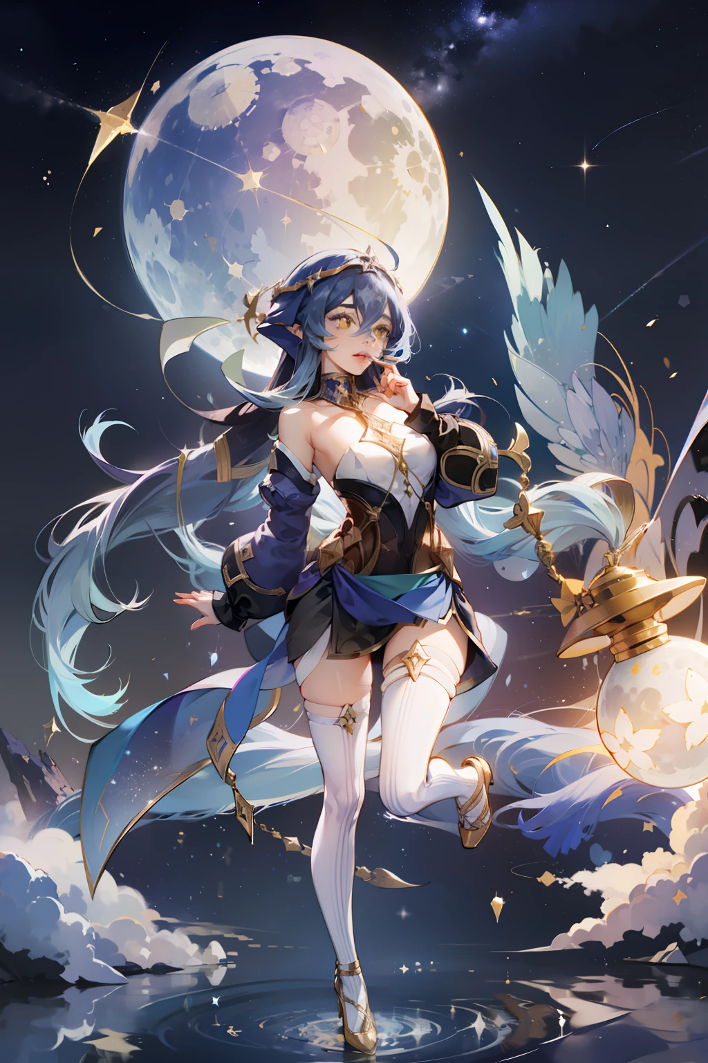 layla, yellow eyes, very long blue hair, genshin impact, stars and moon and comets, night sky observatory, crystal ball, golden details, gears, map of the star skyб long white stockings