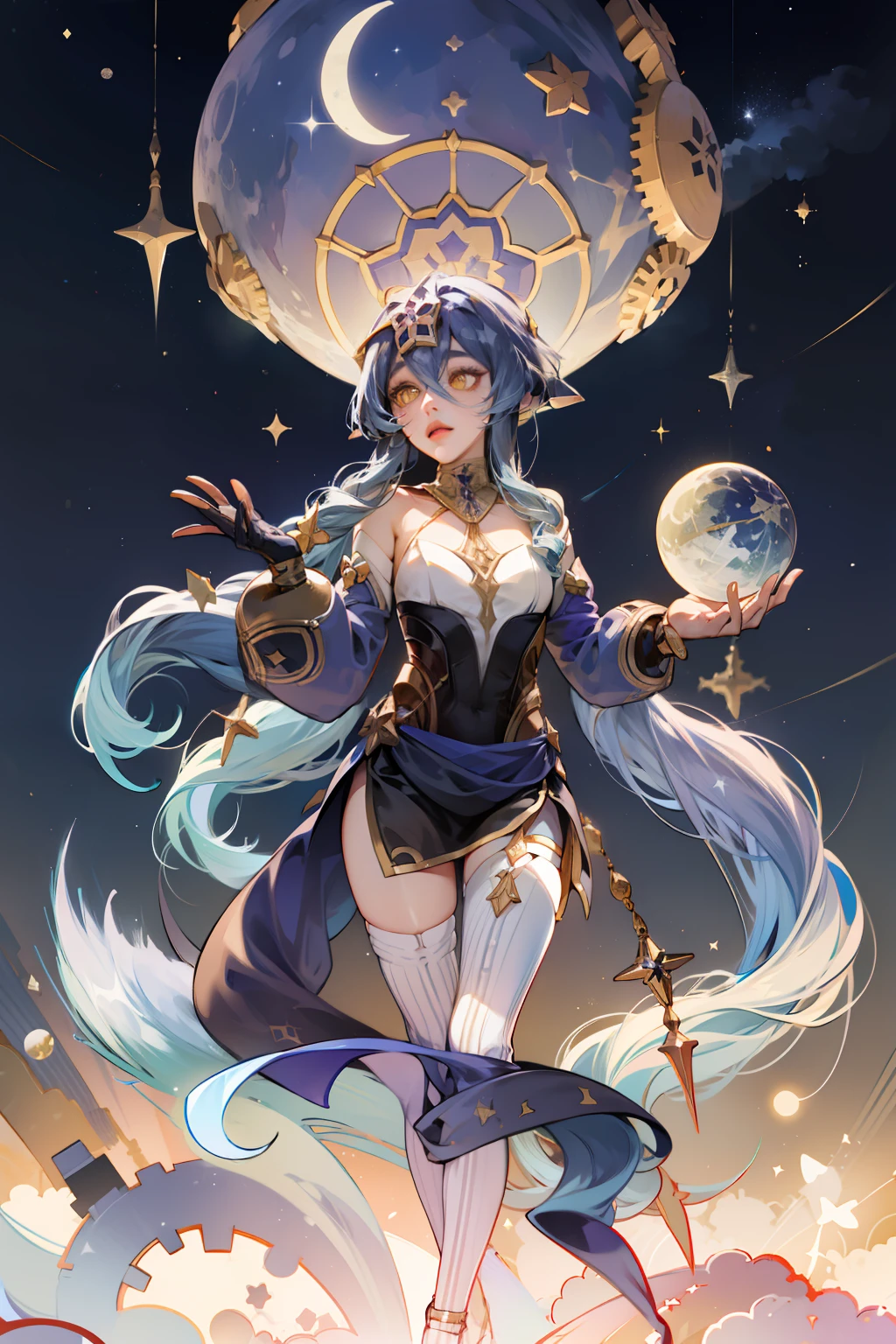 layla, yellow eyes, very long blue hair, genshin impact, stars and moon and comets, night sky observatory, crystal ball, golden details, gears, map of the star sky