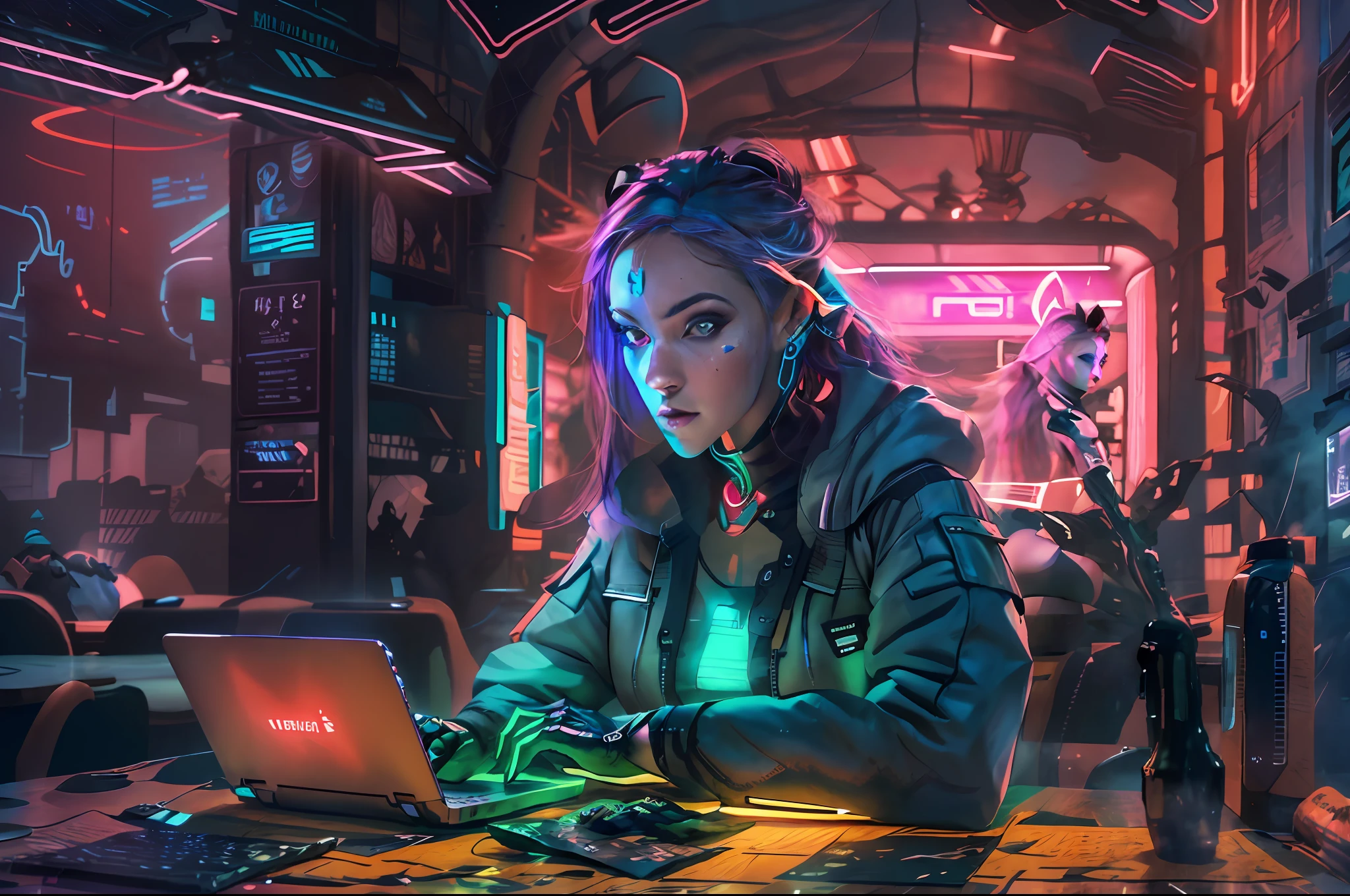 An artistic representation of a young girl, an expert in cybersecurity and hacking, sitting in a café with a laptop. The art style for this image can be inspired by a fusion of cyberpunk and contemporary aesthetics. The girl should be depicted with a confident and determined expression, showcasing her expertise and focus. The café environment can be stylized, incorporating futuristic elements and a vibrant color palette. The laptop she is using can have futuristic details and interfaces, reflecting her advanced hacking abilities. The lighting can be moody, with neon lights and reflections creating an atmospheric setting. The artist can experiment with composition and perspective to convey the girl's skills and the intensity of her work. The level of detail and resolution can be determined based on the artist's vision.