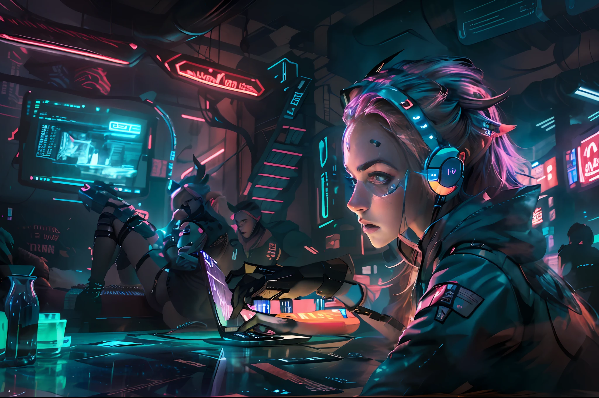 An artistic representation of a young girl, an expert in cybersecurity and hacking, sitting in a café with a laptop. The art style for this image can be inspired by a fusion of cyberpunk and contemporary aesthetics. The girl should be depicted with a confident and determined expression, showcasing her expertise and focus. The café environment can be stylized, incorporating futuristic elements and a vibrant color palette. The laptop she is using can have futuristic details and interfaces, reflecting her advanced hacking abilities. The lighting can be moody, with neon lights and reflections creating an atmospheric setting. The artist can experiment with composition and perspective to convey the girl's skills and the intensity of her work. The level of detail and resolution can be determined based on the artist's vision.