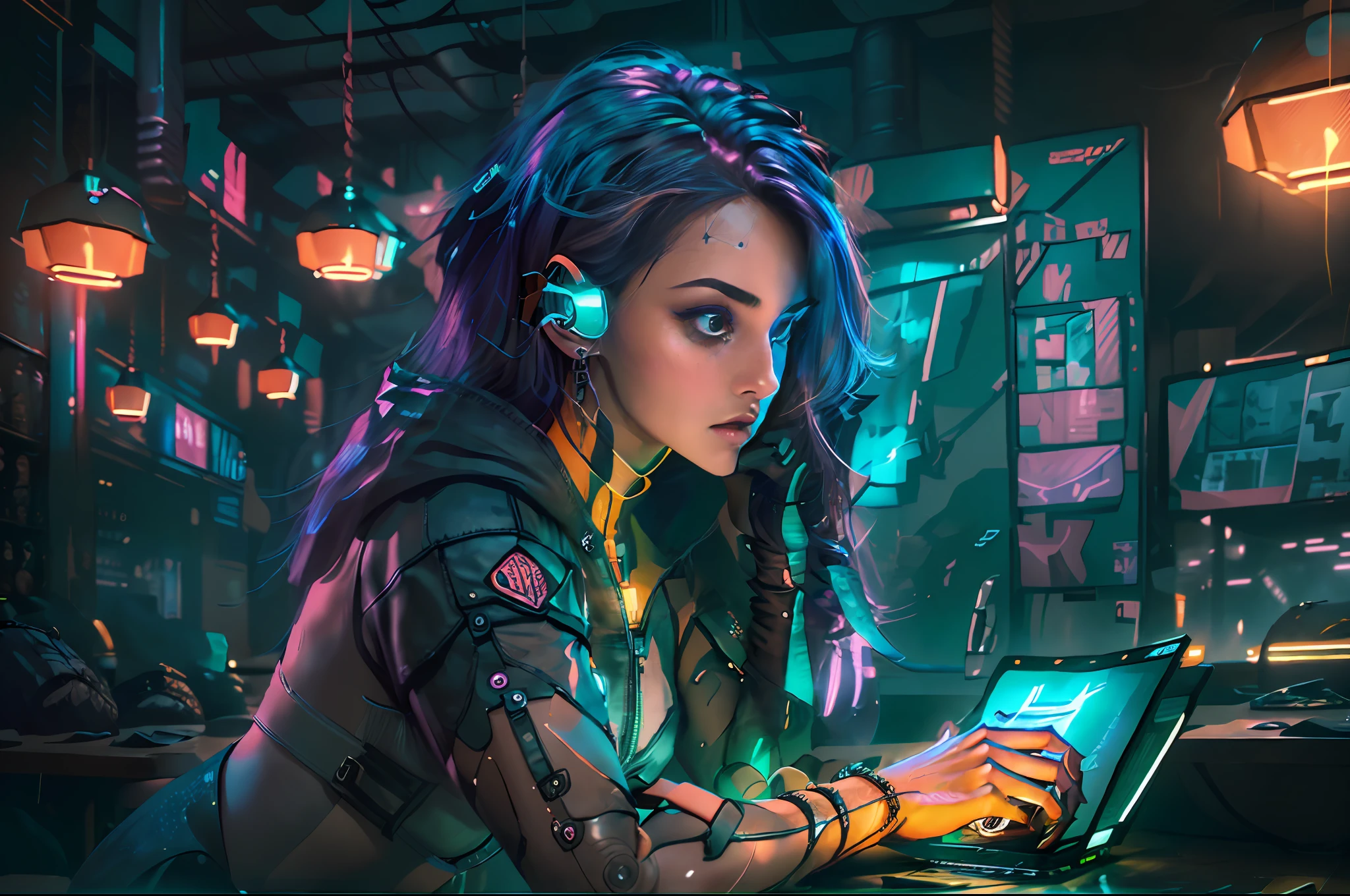 An artistic representation of a young girl, an expert in cybersecurity and hacking, sitting in a café with a laptop. The art style for this image can be inspired by a fusion of cyberpunk and contemporary aesthetics. The girl should be depicted with a confident and determined expression, showcasing her expertise and focus. The café environment can be stylized, incorporating futuristic elements and a vibrant color palette. The laptop she is using can have futuristic details and interfaces, reflecting her advanced hacking abilities. The lighting can be moody, with neon lights and reflections creating an atmospheric setting. The artist can experiment with composition and perspective to convey the girl's skills and the intensity of her work. The level of detail and resolution can be determined based on the artist's vision.