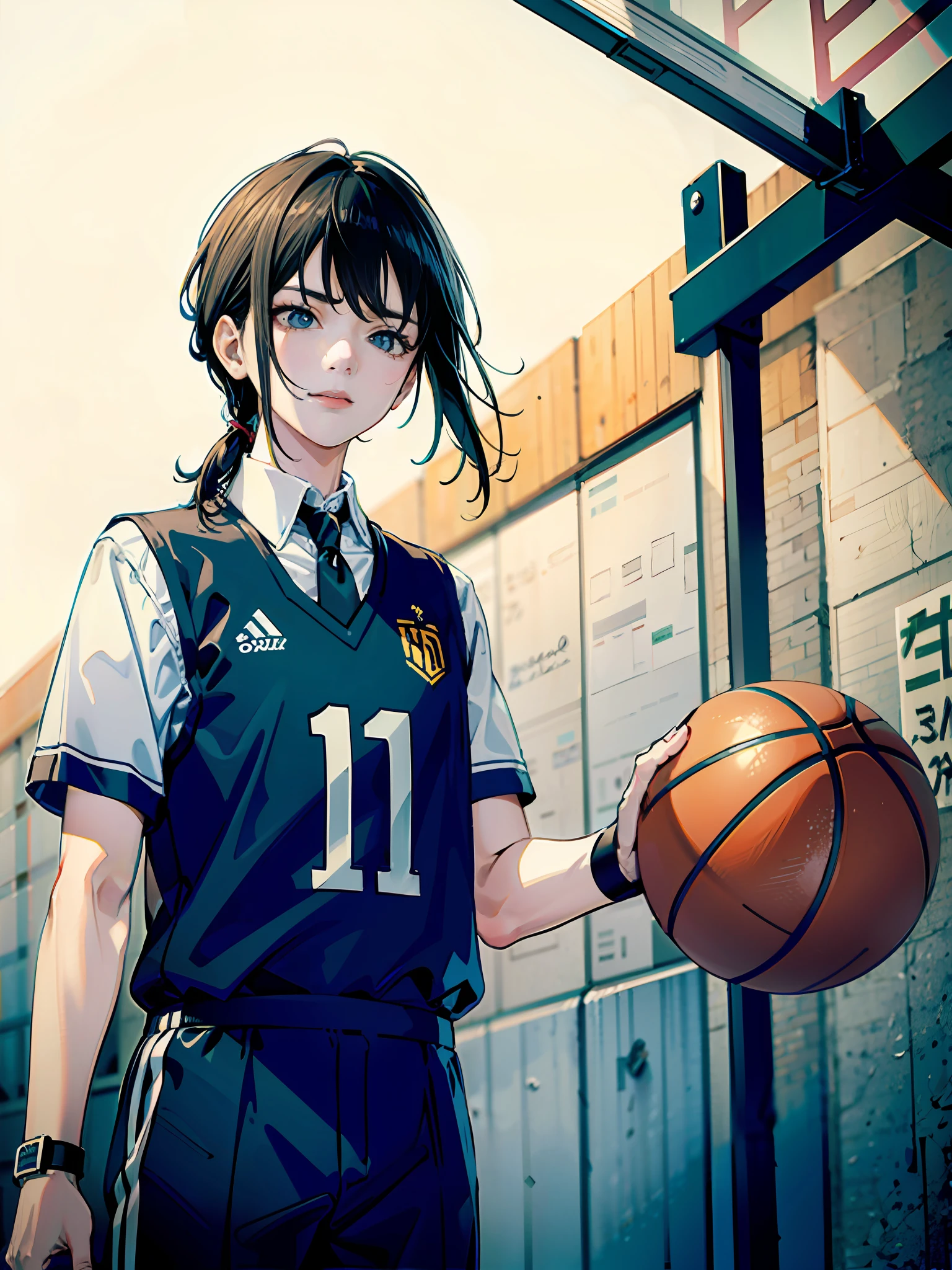 1boys， （Solo exhibition：1.2）， （（tmasterpiece））， （shadowing）， [Slim]， ， （Thick lines）， （（Sharp focus））， focus-on， paleskin， （（Detailed eyes））， （Basketball Uniforms：1.3）， External， basketball playground， brunette color hair， （（short detailed hair））， （sweat leggs）， Wristbands， shorter pants， bare arm，