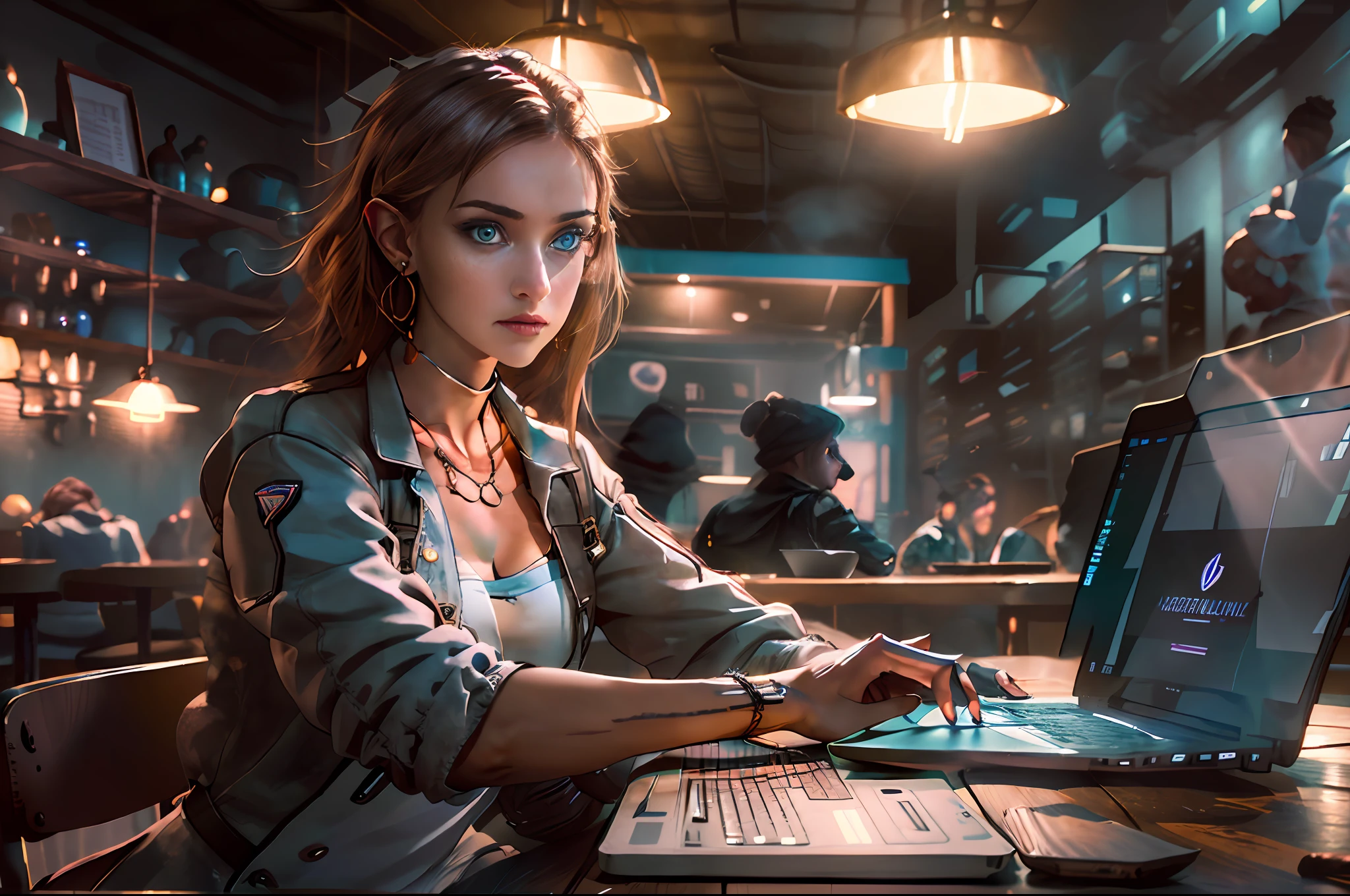 A photorealistic depiction of a young girl, an expert in cybersecurity and hacking, sitting in a café with a laptop. The girl should be portrayed as confident and focused, with a determined expression on her face. She is seated at a table in the café, surrounded by a casual and relaxed atmosphere. The laptop she is using should be realistic, with visible details such as the keyboard, screen, and connectivity ports. The lighting in the café should be natural or based on the chosen setting, creating a comfortable and inviting ambiance. The resolution of the image should be high, allowing for fine details to be showcased, such as the girl's facial features and the textures of her clothing and the café environment.