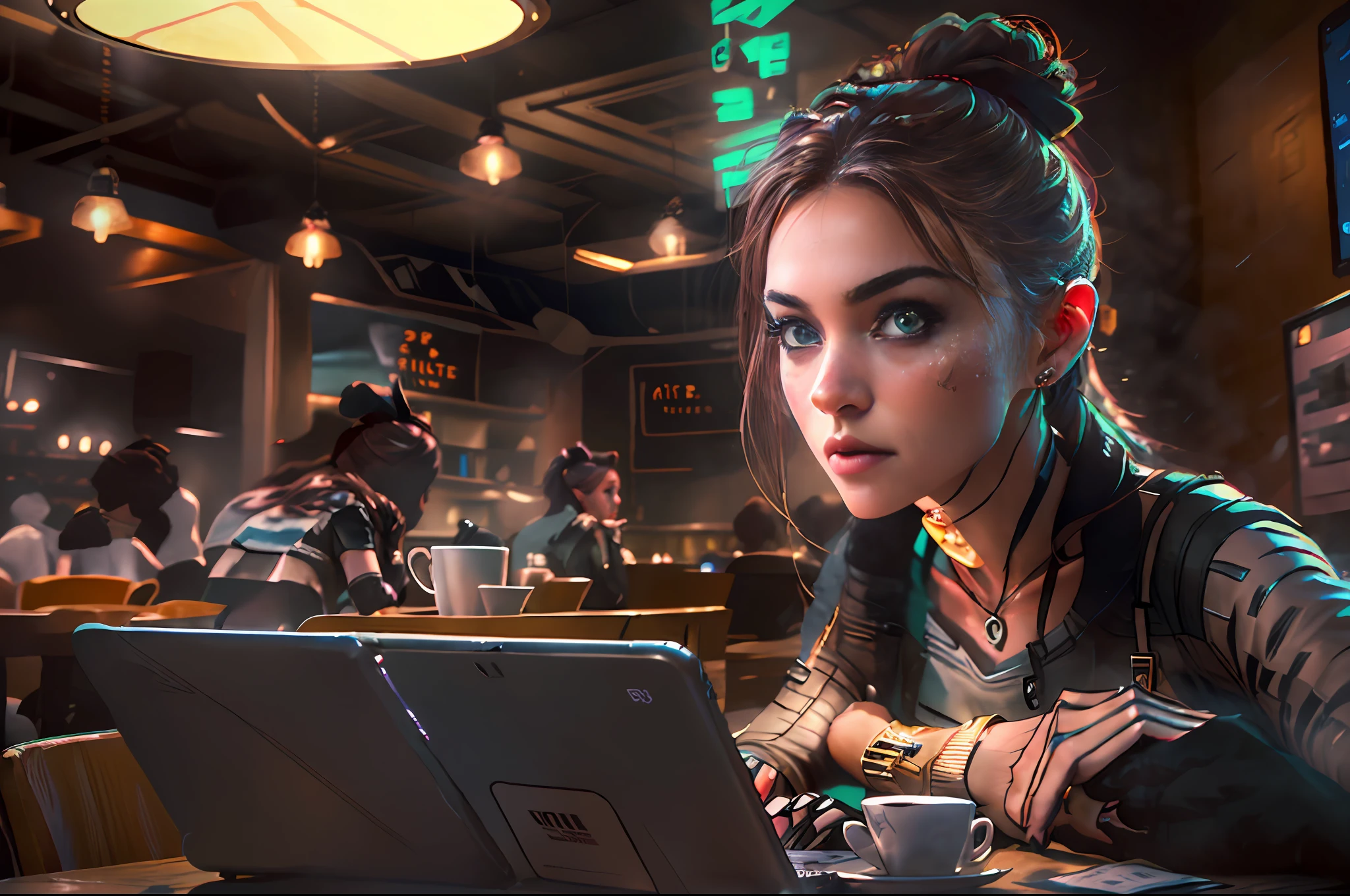 A photorealistic depiction of a young girl, an expert in cybersecurity and hacking, sitting in a café with a laptop. The girl should be portrayed as confident and focused, with a determined expression on her face. She is seated at a table in the café, surrounded by a casual and relaxed atmosphere. The laptop she is using should be realistic, with visible details such as the keyboard, screen, and connectivity ports. The lighting in the café should be natural or based on the chosen setting, creating a comfortable and inviting ambiance. The resolution of the image should be high, allowing for fine details to be showcased, such as the girl's facial features and the textures of her clothing and the café environment.