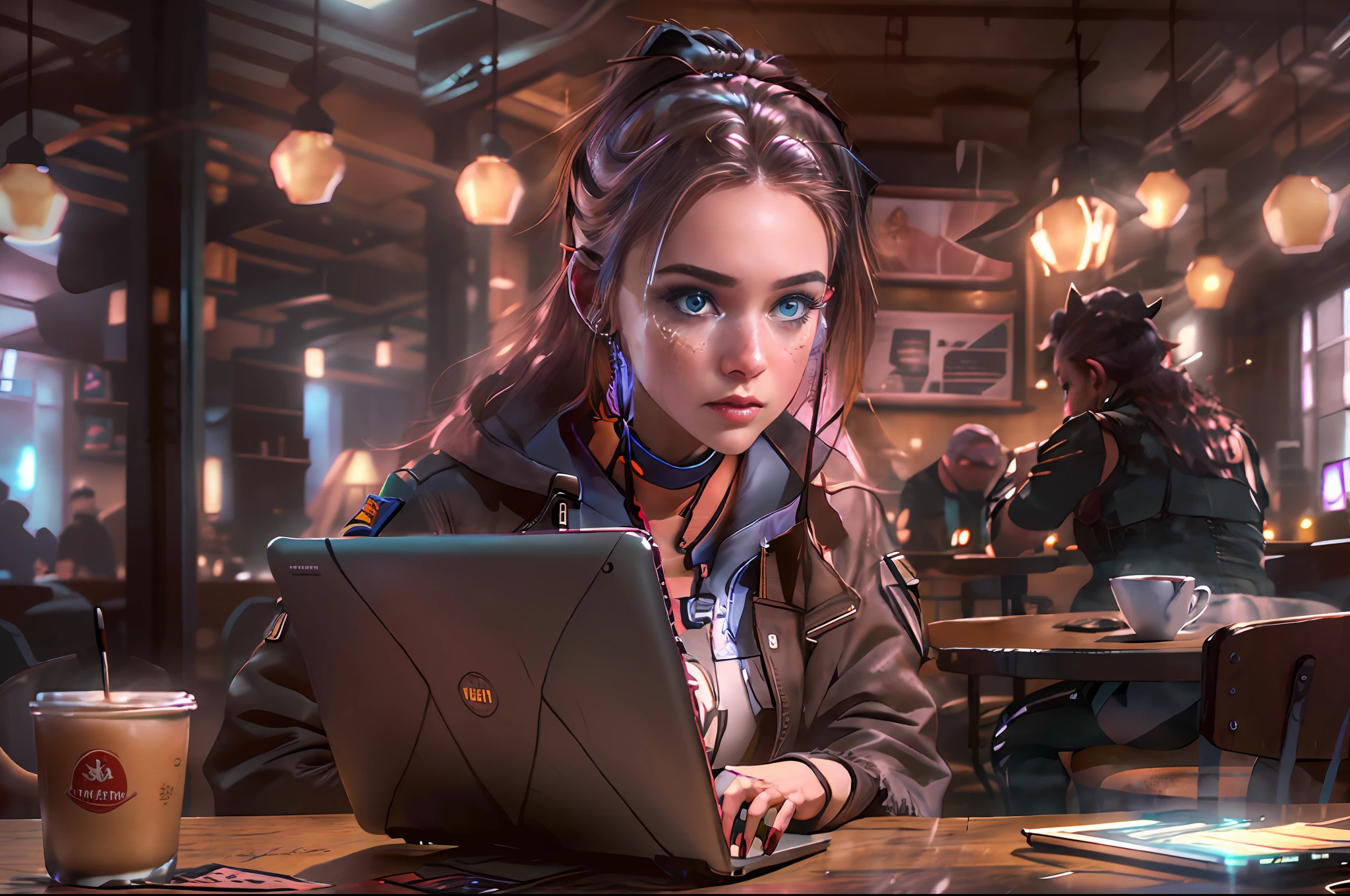 A photorealistic depiction of a young girl, an expert in cybersecurity and hacking, sitting in a café with a laptop. The girl should be portrayed as confident and focused, with a determined expression on her face. She is seated at a table in the café, surrounded by a casual and relaxed atmosphere. The laptop she is using should be realistic, with visible details such as the keyboard, screen, and connectivity ports. The lighting in the café should be natural or based on the chosen setting, creating a comfortable and inviting ambiance. The resolution of the image should be high, allowing for fine details to be showcased, such as the girl's facial features and the textures of her clothing and the café environment.