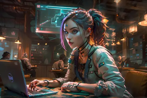 a captivating and artistic representation of a young girl who is an expert in cybersecurity and hacking, sitting in a café with ...