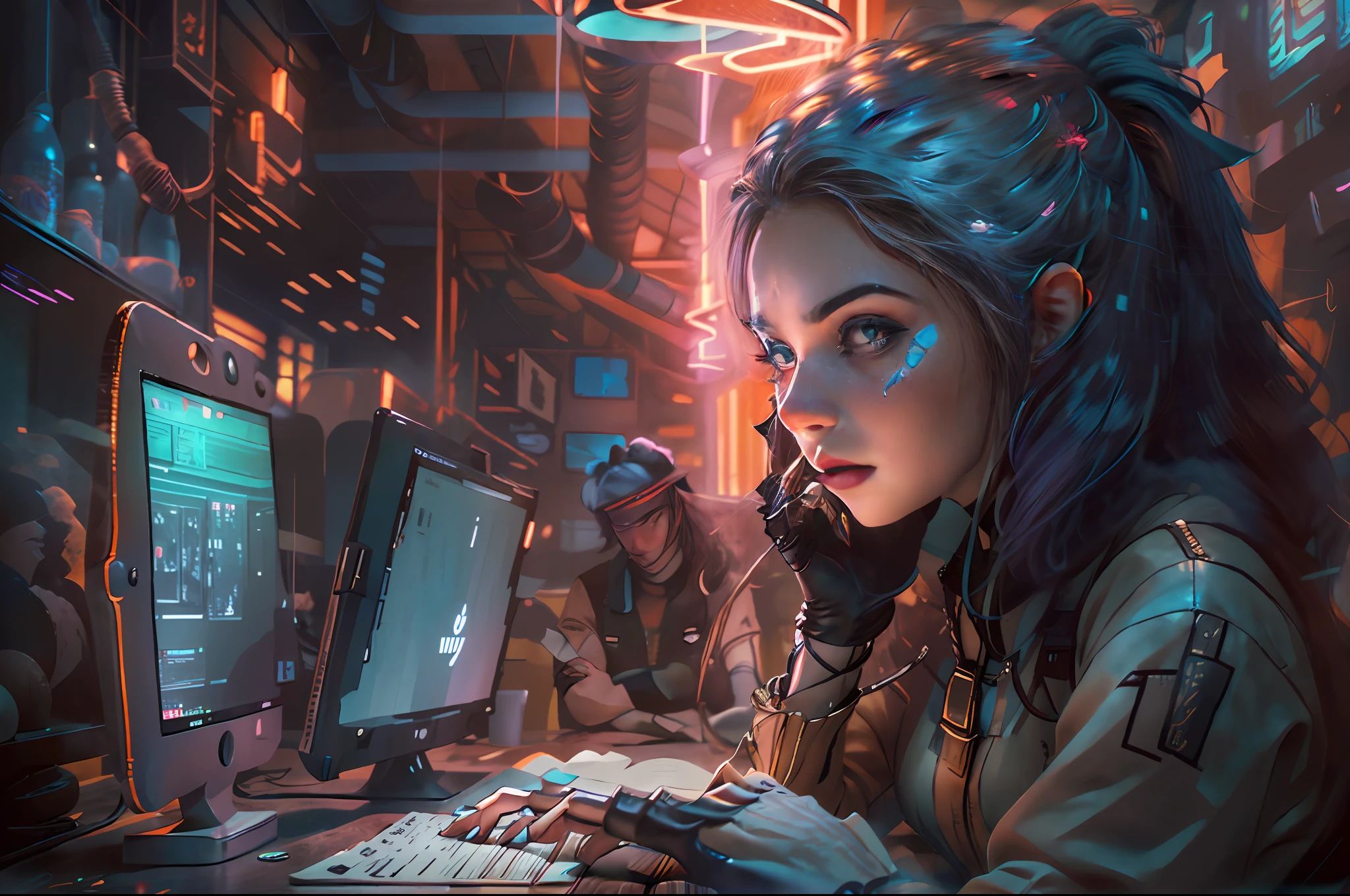 A captivating and artistic representation of a young girl who is an expert in cybersecurity and hacking, sitting in a café with a laptop. The art style for this image can be influenced by a blend of realism and a touch of fantasy. The girl should be depicted with a sense of intelligence and intrigue, capturing her skills and expertise. The café environment can be depicted with unique and imaginative elements, reflecting a blend of technology and a cozy atmosphere. The laptop she is using can have subtle futuristic details, indicating its importance in her cyber activities. The lighting can be warm and inviting, creating a comfortable yet mysterious ambiance. The artist can experiment with colors, textures, and composition to bring out the character's personality and expertise. The level of detail and resolution can be determined based on the artist's vision.