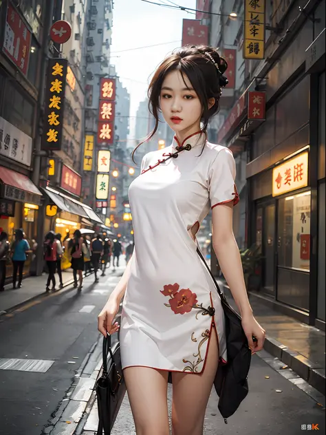 masterpiece,ultra realistic,32k,extremely detailed cg unity 8k wallpaper, best quality,1 girl, cheongsam, street, hongkong stree...