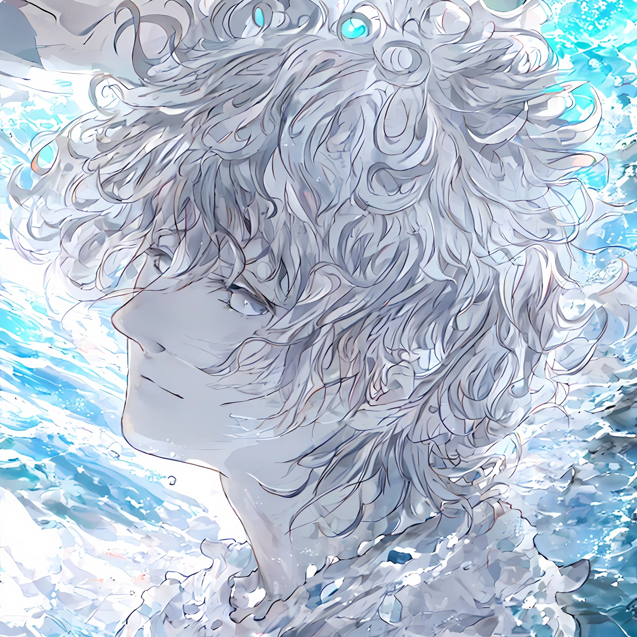 ocean floor， whaite hair, White-haired god, killua zoldyck, inspired by Yumihiko Amano, nagito komaeda, killua zoldyck , a silver haired mad, inspired by amano, white hair floating in air，high qulity，At the bottom of the sea，dingdall effect，There are schools of fish，Boy with white hair，