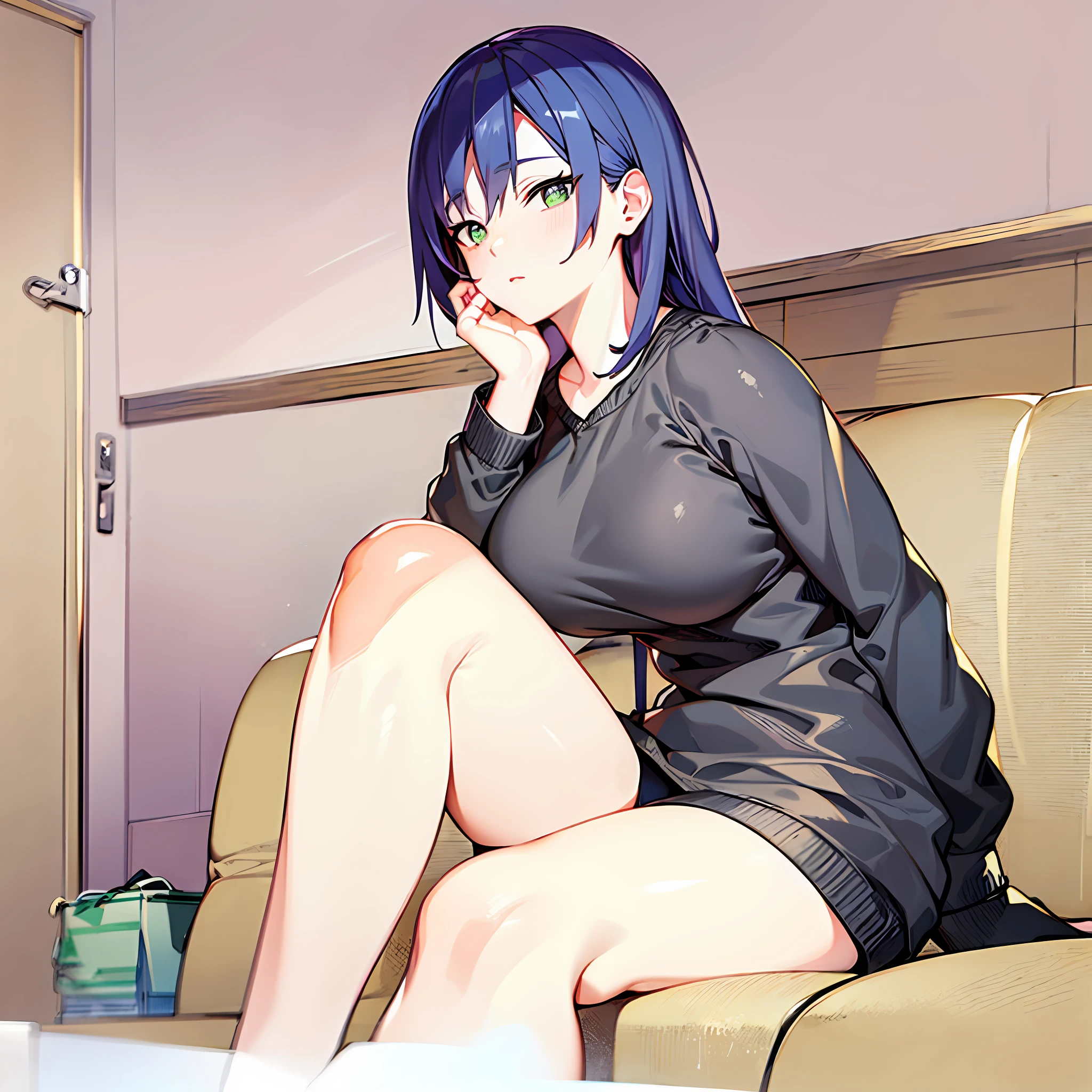 anime girl sitting on a أريكة with her legs crossed, مستوحاة من مونا هوشينوفا, أسلوب الأنمي ثنائي الأبعاد, تم صنعه بواسطة استوديو رسام الأنمي, أنيمي مو نمط الفن, [ الفن الرقمي ]!!, بأسلوب الأنمي, بأسلوب الأنمي, أداة الطلاء ساي!! أزرق, أنيمي فن ستايل, سل - أسلوب الفن المظلل, أسلوب فني غير معروف, sitting on the أريكة (وحدة زز, خلفية 8K, الترا اتش دي, تحفة, أفضل تسليط الضوء, ضوء بارد), (غرفة المعيشة, أريكة, ضوء خافت,الجدار الأرجواني), (1فتاة,وحيد) ((أزرق medium hair, مع تسليط الضوء على الشعر الأخضر), بشرة عادلة, وجه متماثل, وجه جميل (عيون عالية التفاصيل, عيون خضراء)), (وجه بلا تعبيرات), ((الثدي الكبير, أفضل رسم للجسم, جسم سميك, ساق سميكة), (يرتدي سترة البلوز السوداء), (مكشوفة الساق العارية)), عرض الحافة السفلية اليمنى.