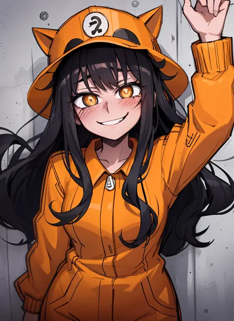 long black hair, brown pupils, love in eyes, blushing, cute, smug, smile, rolling eyes, orange prisoner outfit, barrett hat, lon...