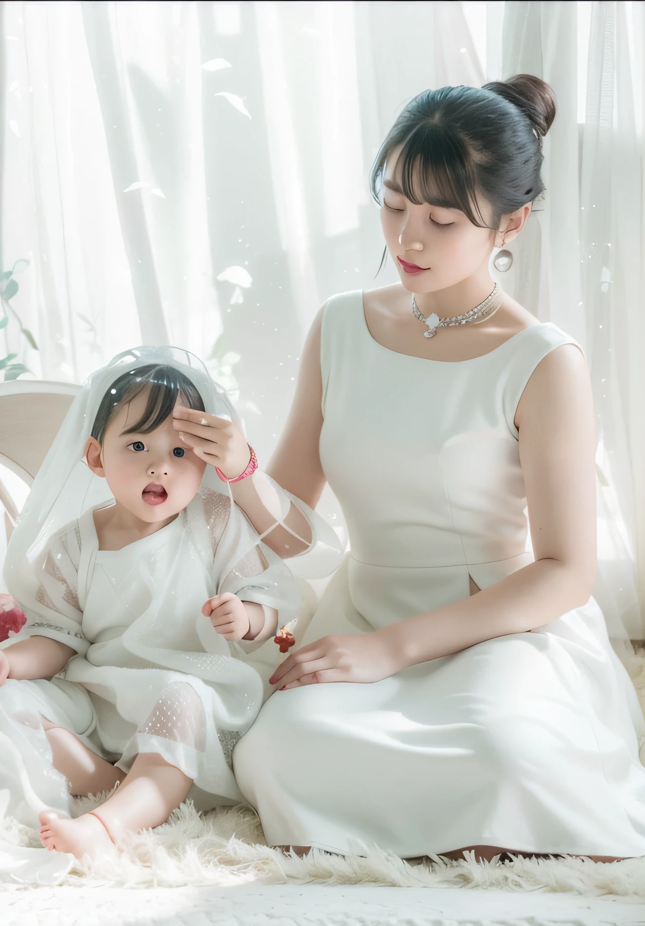 There was a woman and a child sitting on a white carpet, White Hanfu, wearing white clothes, maternal photography 4 k, pale milky white porcelain skin, 🤬 🤮 💕 🎀, Toys with 2 year old, with white, jaeyeon nam, Milky white skin, with ivy, jia, shot with canon eoa 6 d mark ii