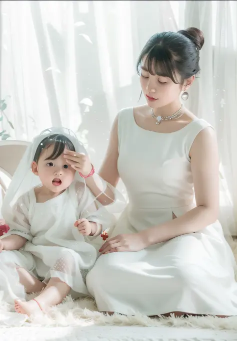 there was a woman and a child sitting on a white carpet, white hanfu, wearing white clothes, maternal photography 4 k, pale milk...