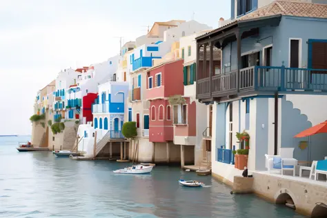 There are many people sitting at tables by the water, Waterfront House, Mediterranean fisherman's village, Greece, whitewashed buildings, Colorful Kaparison, vila, painting-like, building along a river, House on stilts, indigo! and Venetian Red!, mediterra...
