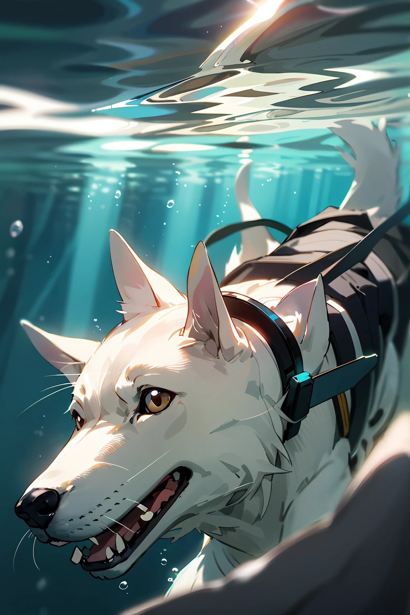 Anime dog with a life jacket swimming in the ocean - SeaArt AI