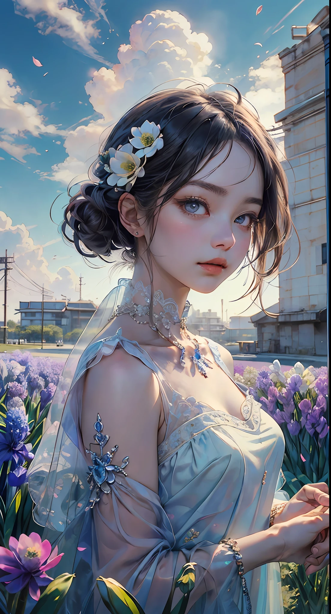 ((chef d&#39;oeuvre、qualité supérieure))、(1 fille dans、solo:1.4)、de beaux yeux détaillés、Ciel nuageux éclatant、fleurs、Anémone\(fleurs\)、narcisse、Jacinthe、pétales de fleur、Dessinez une vue lointaine