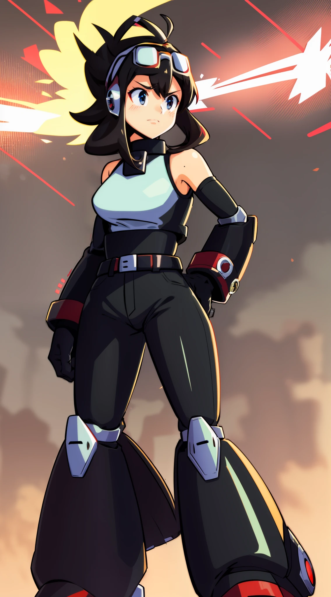 1Girl, Heavily red and white armored, gloves, skirt, heavy black cybernetic boots, heavy cybernetic Red with white trim arms with Black Bracelets, heavy cybernetic red torso with sleeveless black jacket, waist belt, megamanX red and white heavy armor, long black pony tail, red and black trim aviator goggles on forehead, heavy thick black hair, metallic red skirt, large sleeveless Black jacket, red armor with white trim, wearing sleeveless biker jacket, wearing thick/wide black wristbands, punk pose, hands near hips, two-tone white and red gloves, long black/brown ponytail, big sleeveless jacket
