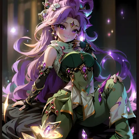 Masterpiece, Best quality, Zoe,  In space with huge galaxies, Smile, Anime style，The main color is purple，sorceress woman，league...