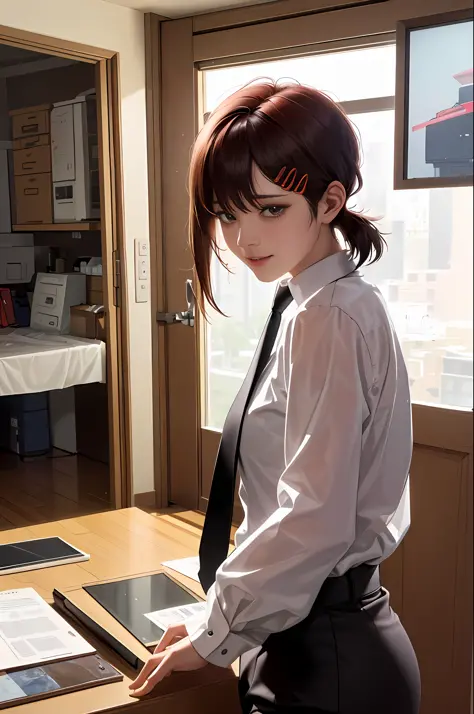 tmasterpiece，best qualtiy，ultra - detailed，illustratio，epic lighting，cinematic compositions，isometry，1girl，独奏，adolable，with brown eye，black color hair，sweeping bangs，single hair，red hair clips，white under lingerie，black necktie，Clear black pants，formal，a c...