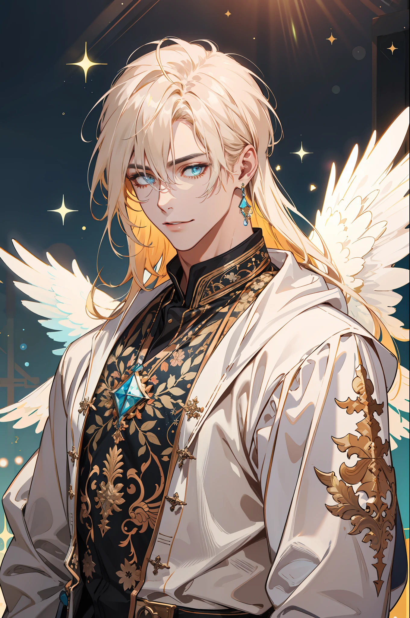 (absurdres, highres, ultra detailed), 1 male, adult, handsome, tall muscular guy, broad shoulders, finely detailed eyes and detailed face, pastel color long hair, fantasy, complex pattern, detailed face, angel wings, lens flare, colorful, glow white particles, white robe, gold bracelets and accessories, prism, glowing, glitter, particles, bloom, likes to celebrate and have fun, enjoys nature, bright and optimistic outlook, creative and adventurous spirit, represents happiness and harmony