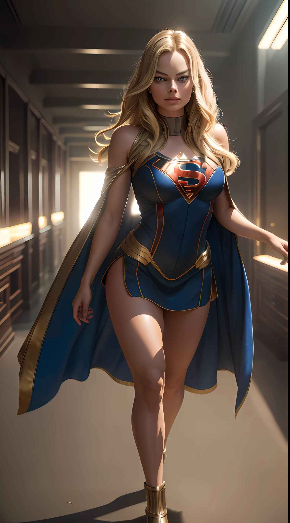 Margot Robbie as Supergirl, full body, soft lighting, dynamic angle, realistic lighting, (natural skin texture, hyper-realism, soft light, sharp: 1.2), (intricate details: 1.12), hdr masterpiece, best quality, (highly detailed photo: 1.1), 8k, photorealistic, best quality, ultra-detailed, high-detail skin, ultra-detailed ((full body including legs)).