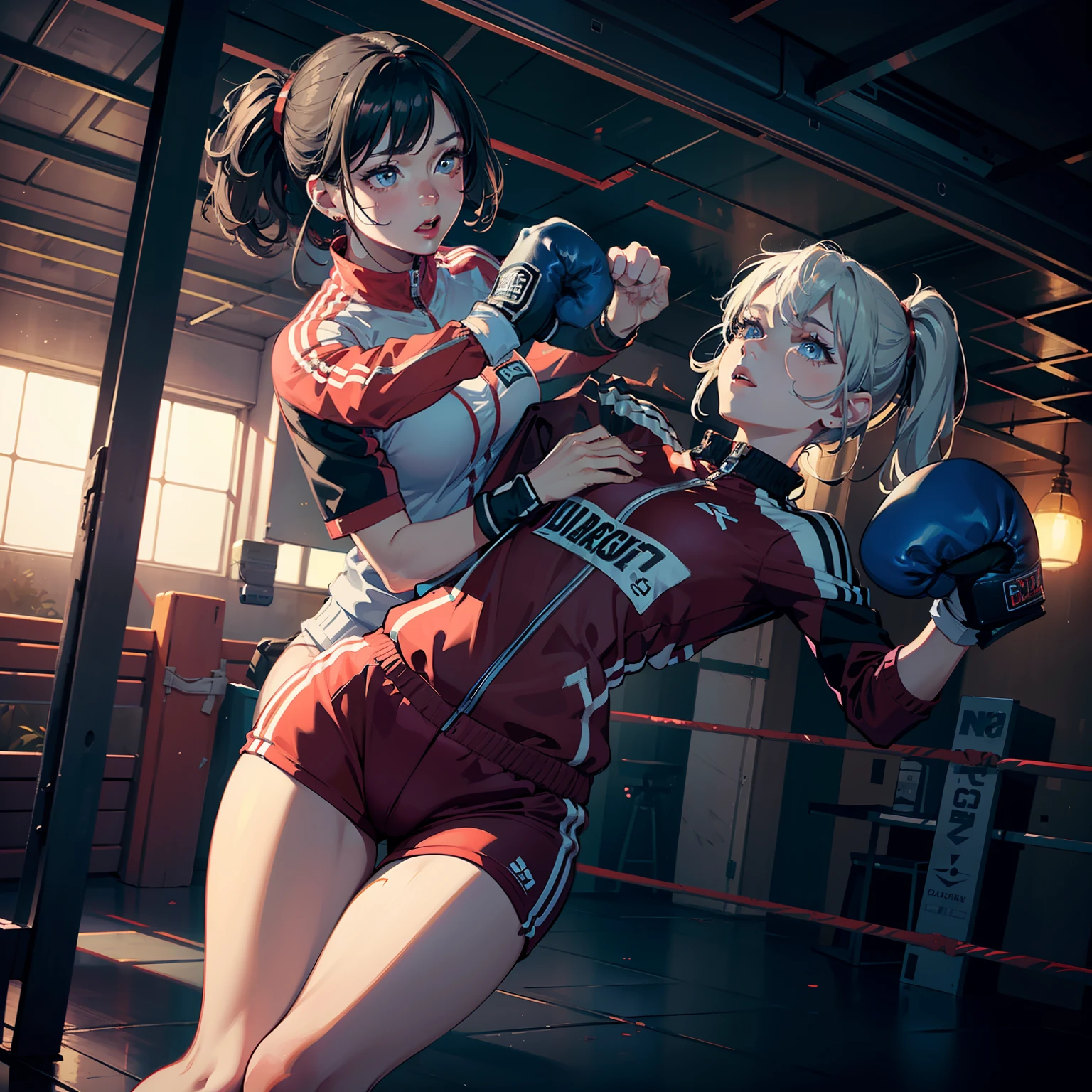 (original) , (very detailed wallpaper) , (best quality) , (masterpiece) , photographic reality, realistic, very detailed illustrations, (1 girl) , beautiful eyes, (delicate face) , perfect detail, (best lighting) , (super complex details) , 
, red track suit,fist fight, padded gloves, boxing headgear, muscular female, spoken flying sweatdrops, sportswear, 
4K unified, (super detailed CG: 1.2) , (8K: 1.2) , realistic, octane rendering