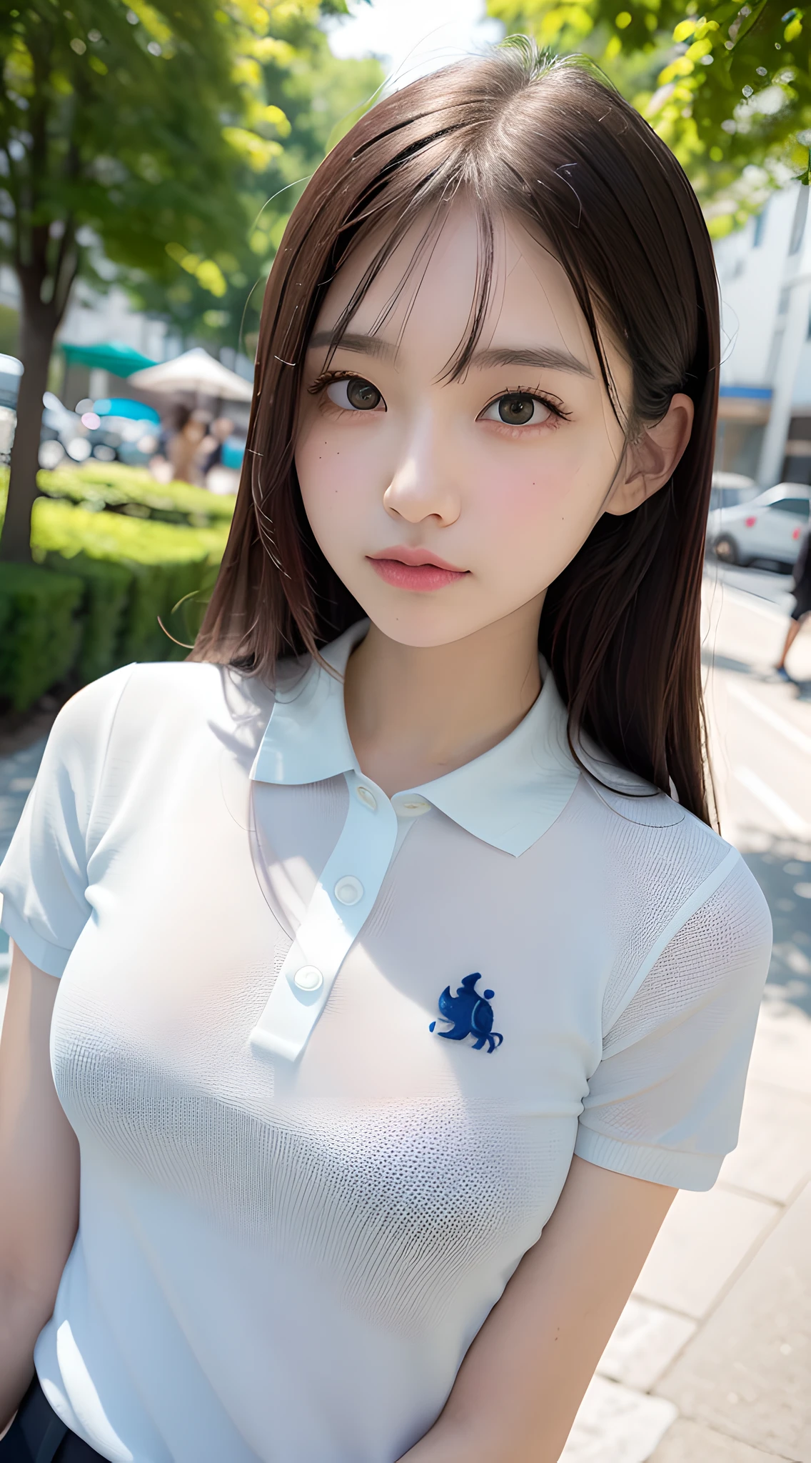 (masterpiece, best quality:1.3), delicate girl, cute face, 8k, 50mm portrait, raw photo, absurdres, close up face, violaceaess, gardeniass, (white tight polo shirt:1.4), short sleeve, trendy outfit, (large breasts:1.2), dutch angle, arch back, thin arms, thin waist, looking at viewer, sophisticated, facelight, clear lighting, film grain, chromatic aberration, [:(detailed face:1.4):0.2], street, (bokeh:1.2), (simple background:1.3)