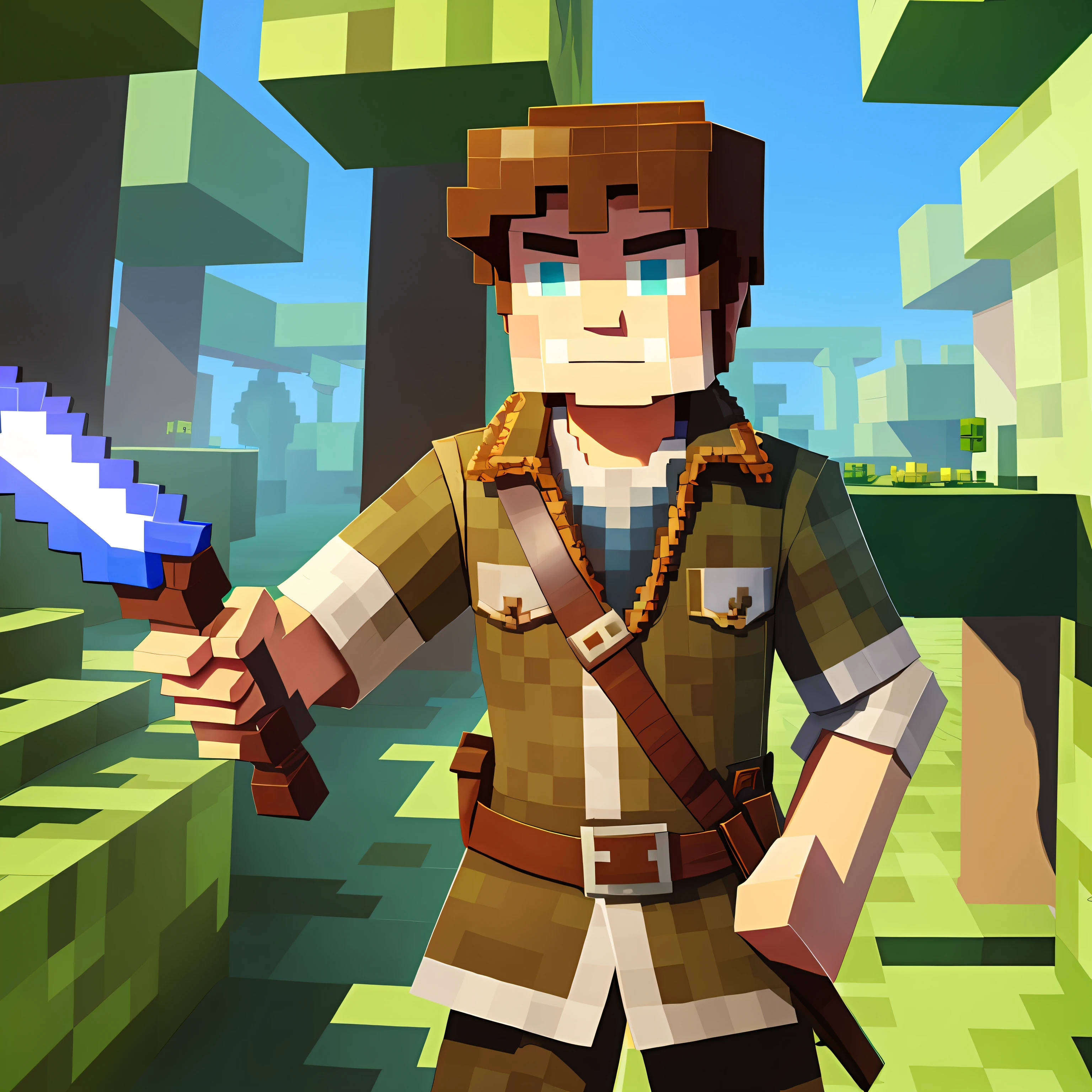 Steve จาก Minecraft พร้อมดาบเพชรอยู่ในมือกำลังออกไปข้างนอก