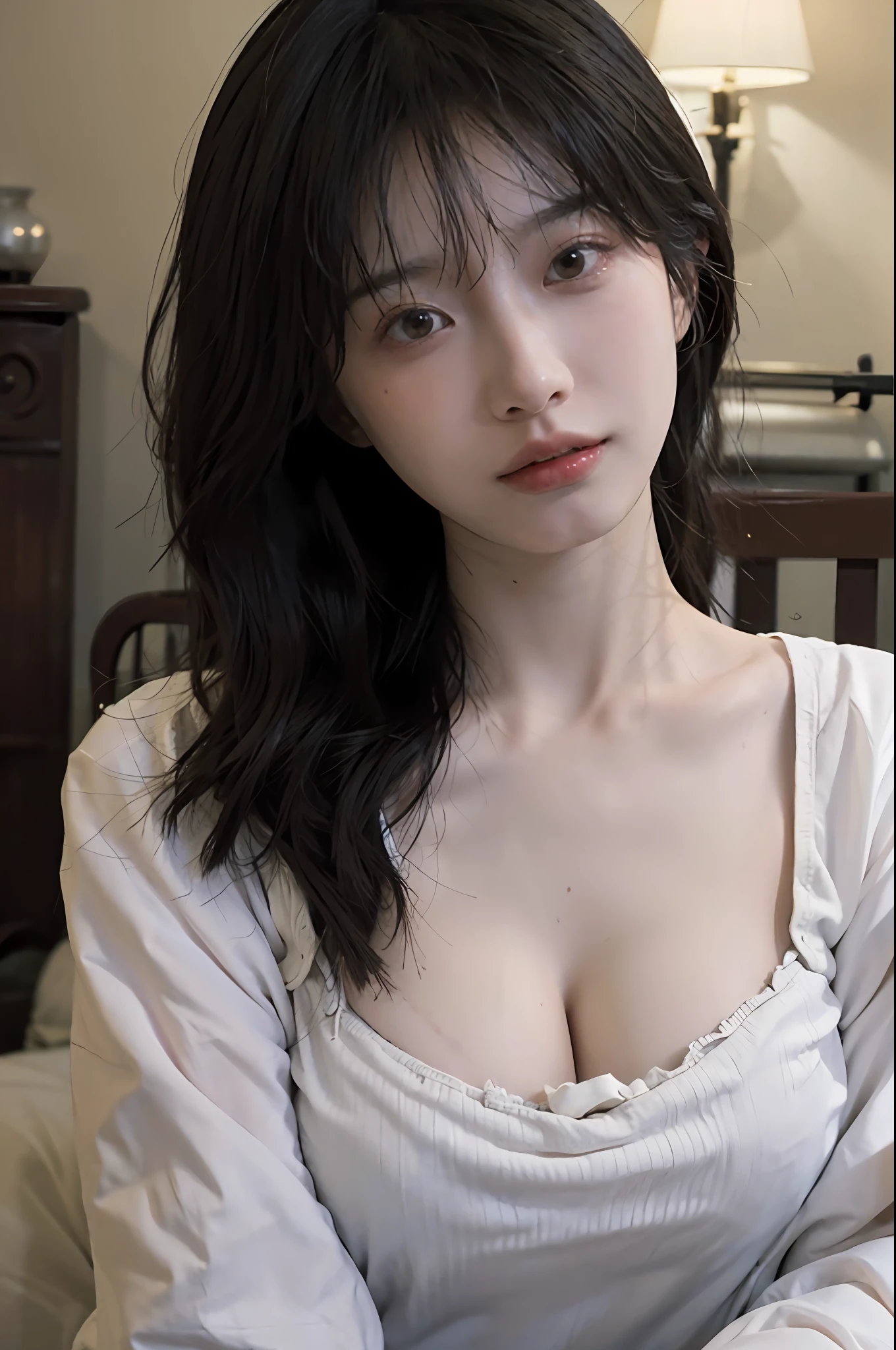 8K，best qualtiy，tmasterpiece，Ultra-high resolution，（Reality：1.4），RAW photogr，（True skin texture：1.3），（filmgrain：1.3），1个Giant Breast Girl，Beautiful eye and face details，tmasterpiece，Best quality at best，closeup cleavage，The upper part of the body，Background with，Bedrooms，Warm yellow light，