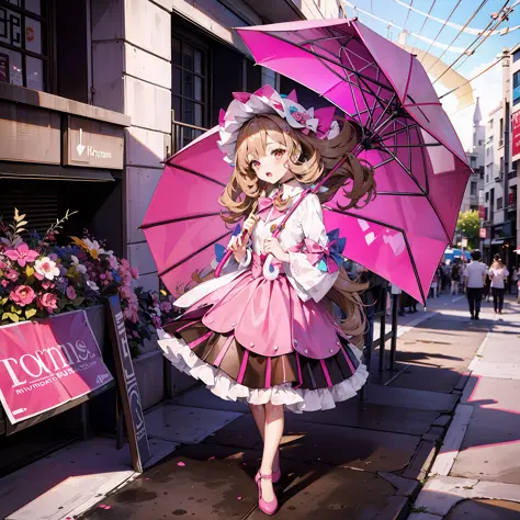 tmasterpiece，best qualtiy，Need，the detail，long brown curly hair，Pink puffy skirt，Small pink umbrella，Pink shoes，with brown eye，T...