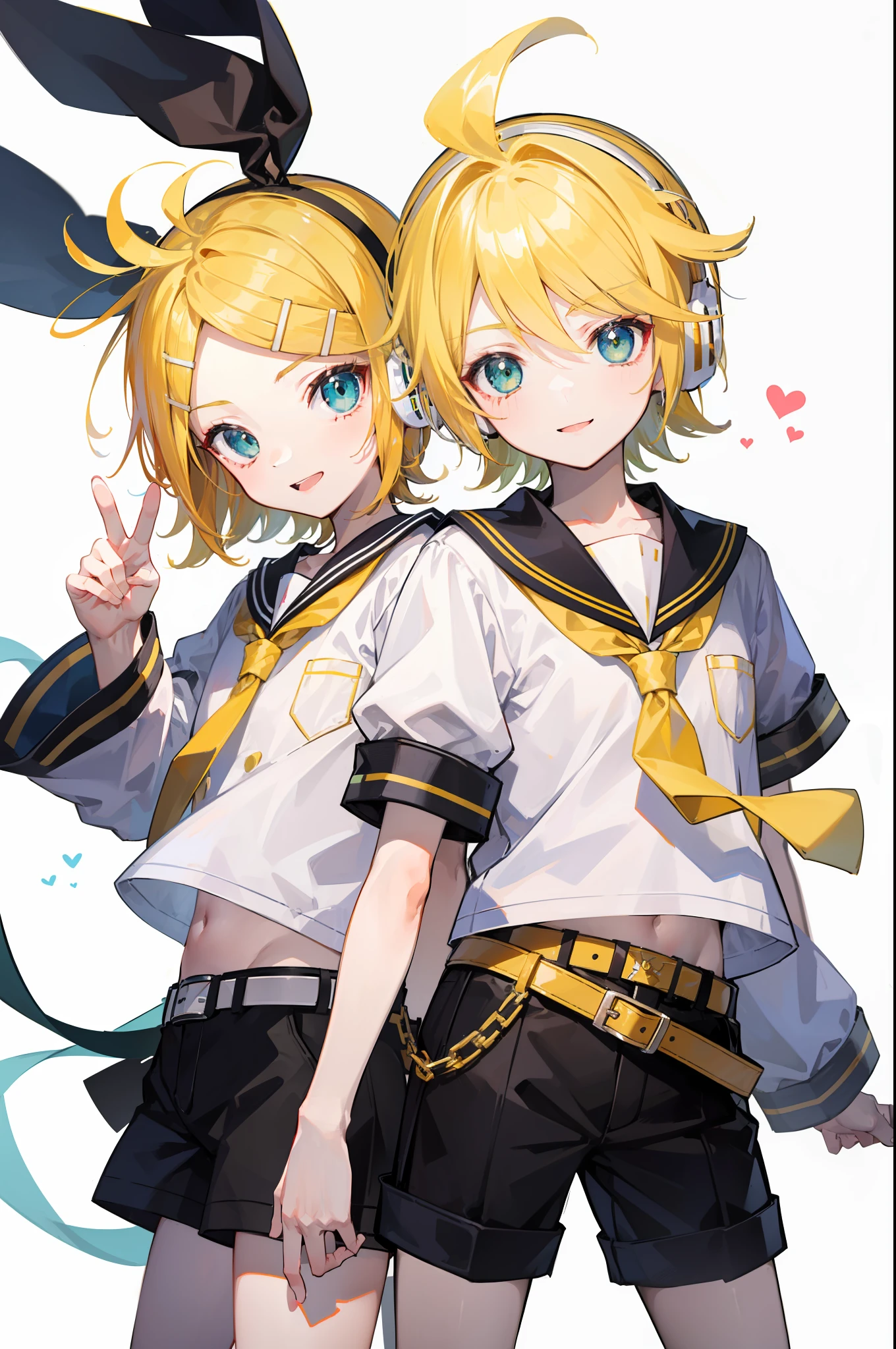 best quality, ultra precision, one boy, (Kagamine_Len), green eyes, cute, short hair, head phone, blond hair, sailor uniform, black short pants, belt, yellow necktie, smile, high school student, younger brother, white background