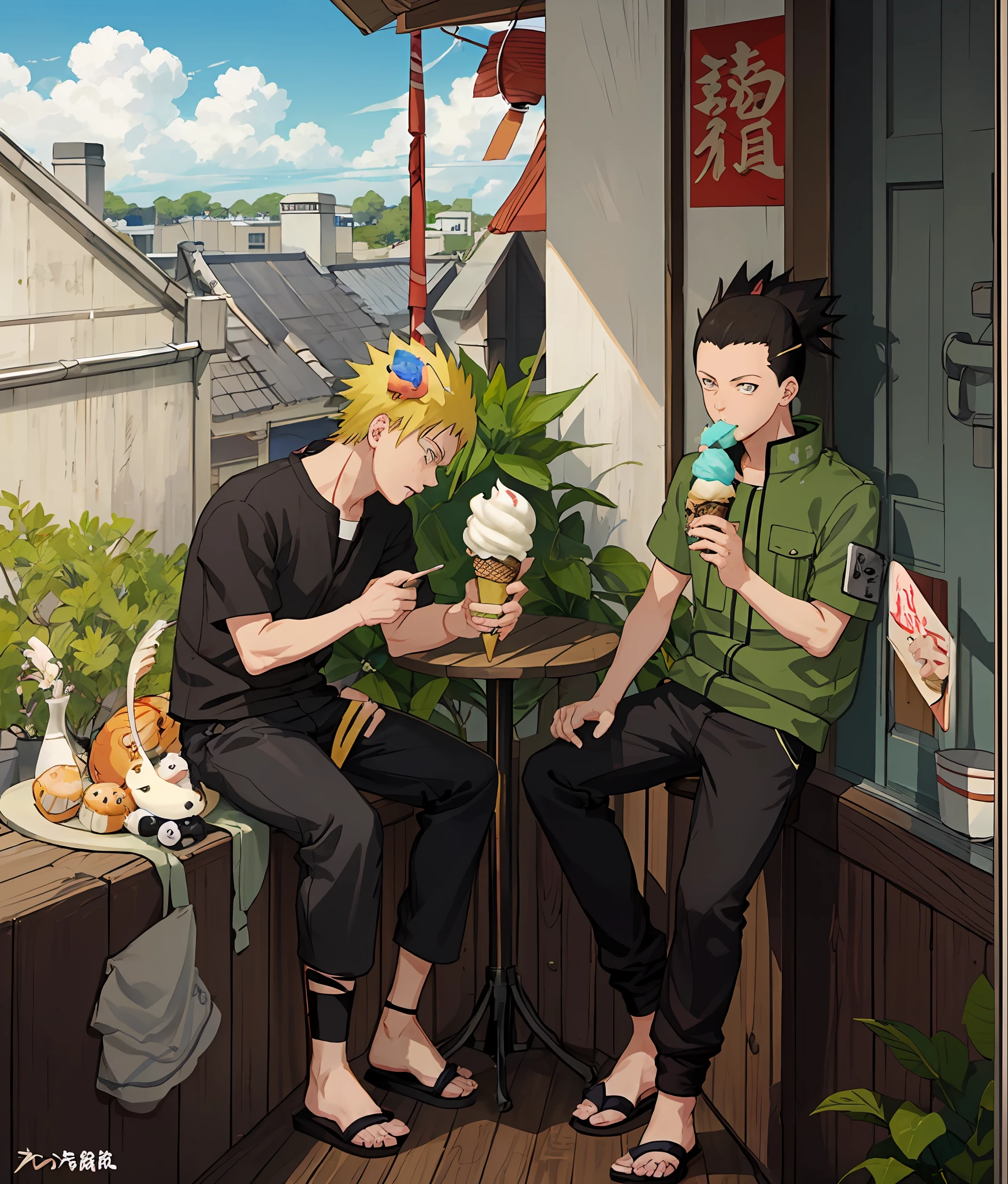 Naruto Uzumaki e Shikamaru comem sorvete juntos，2 menino，só，encostado na parede，na varanda，céu bonito